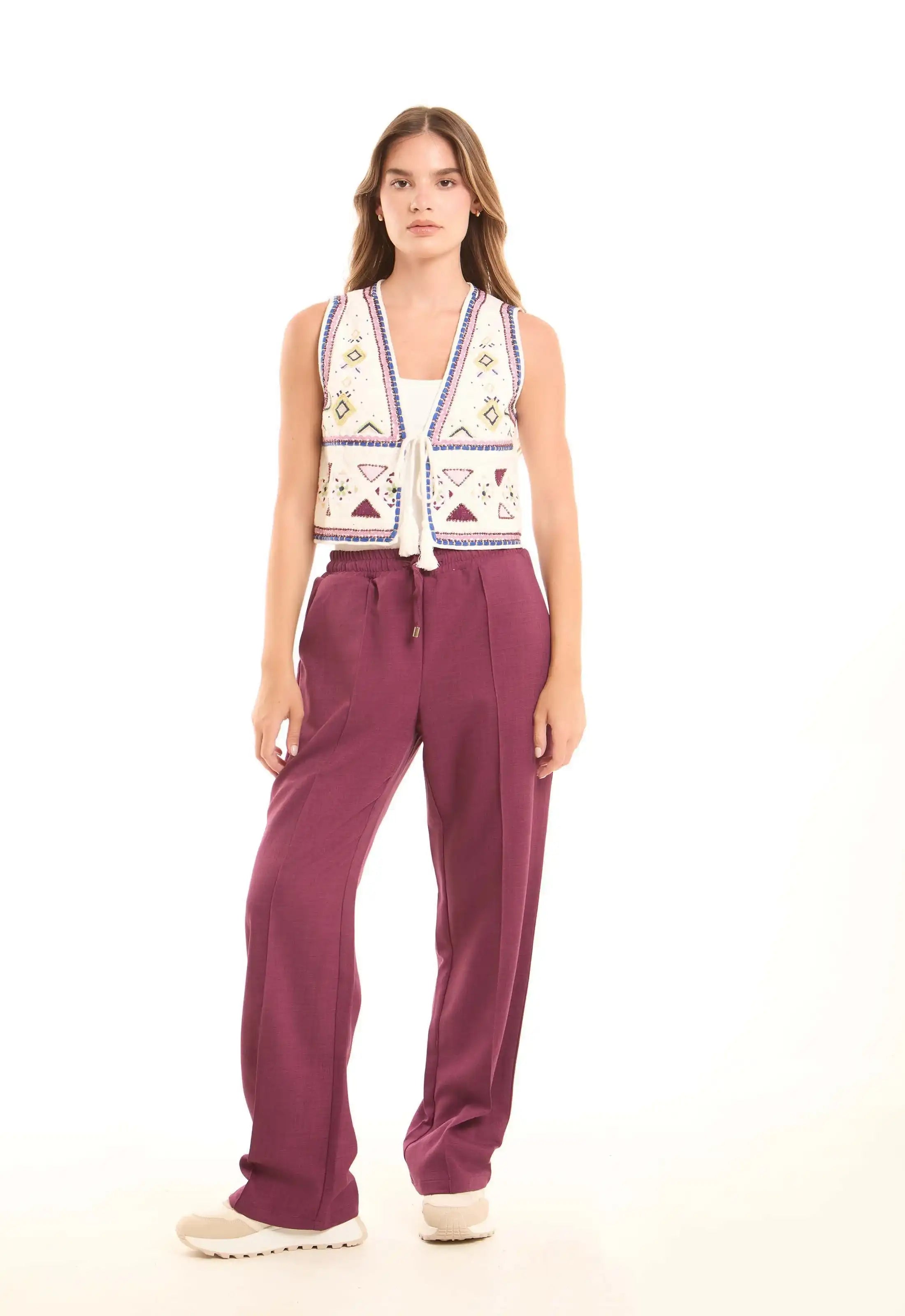 Wide-Leg Polyester Pants with Front Seam