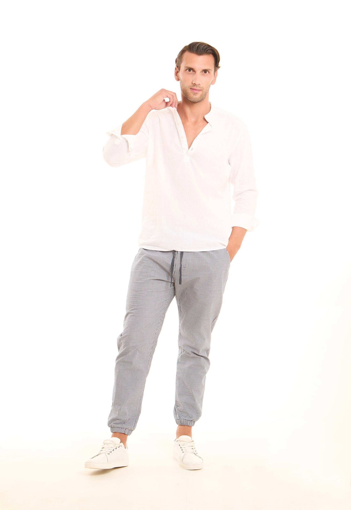 Striped Elastic-Hem Jogger Pants