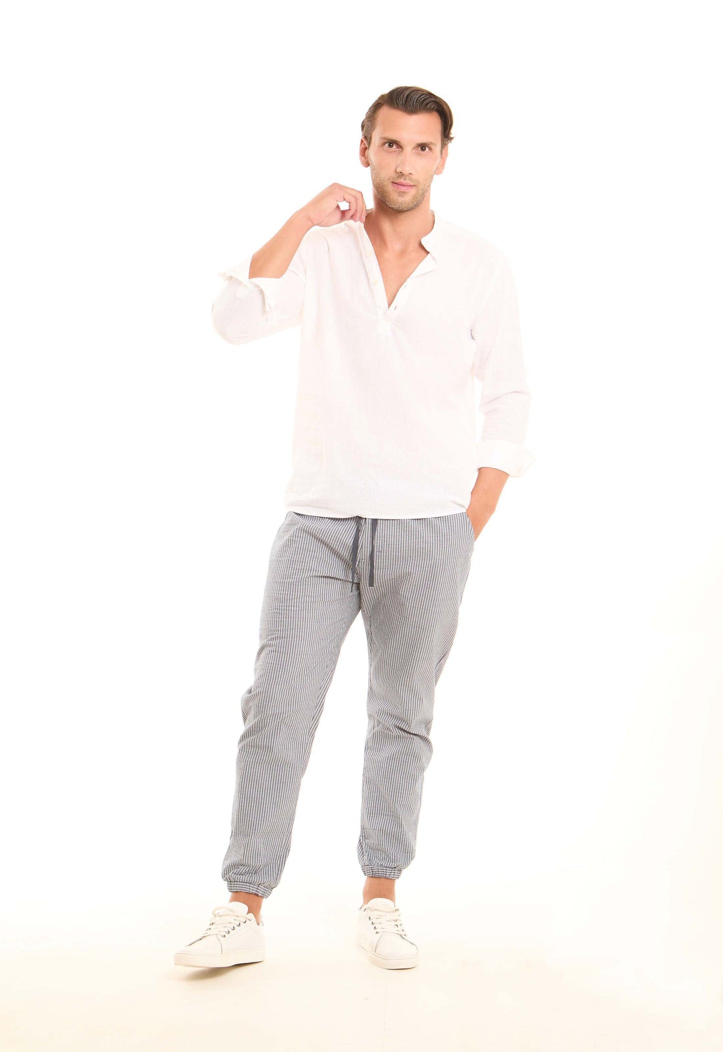 Striped Elastic-Hem Jogger Pants