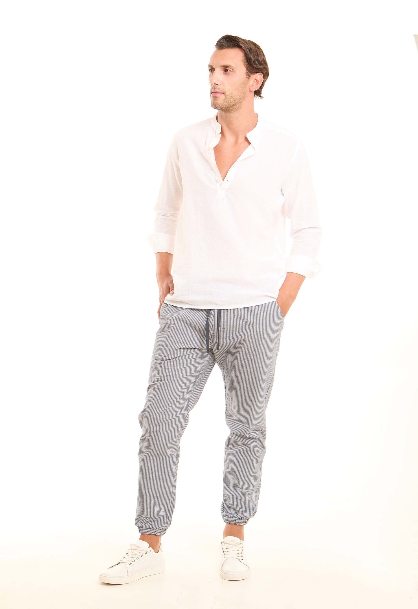 Striped Elastic-Hem Jogger Pants