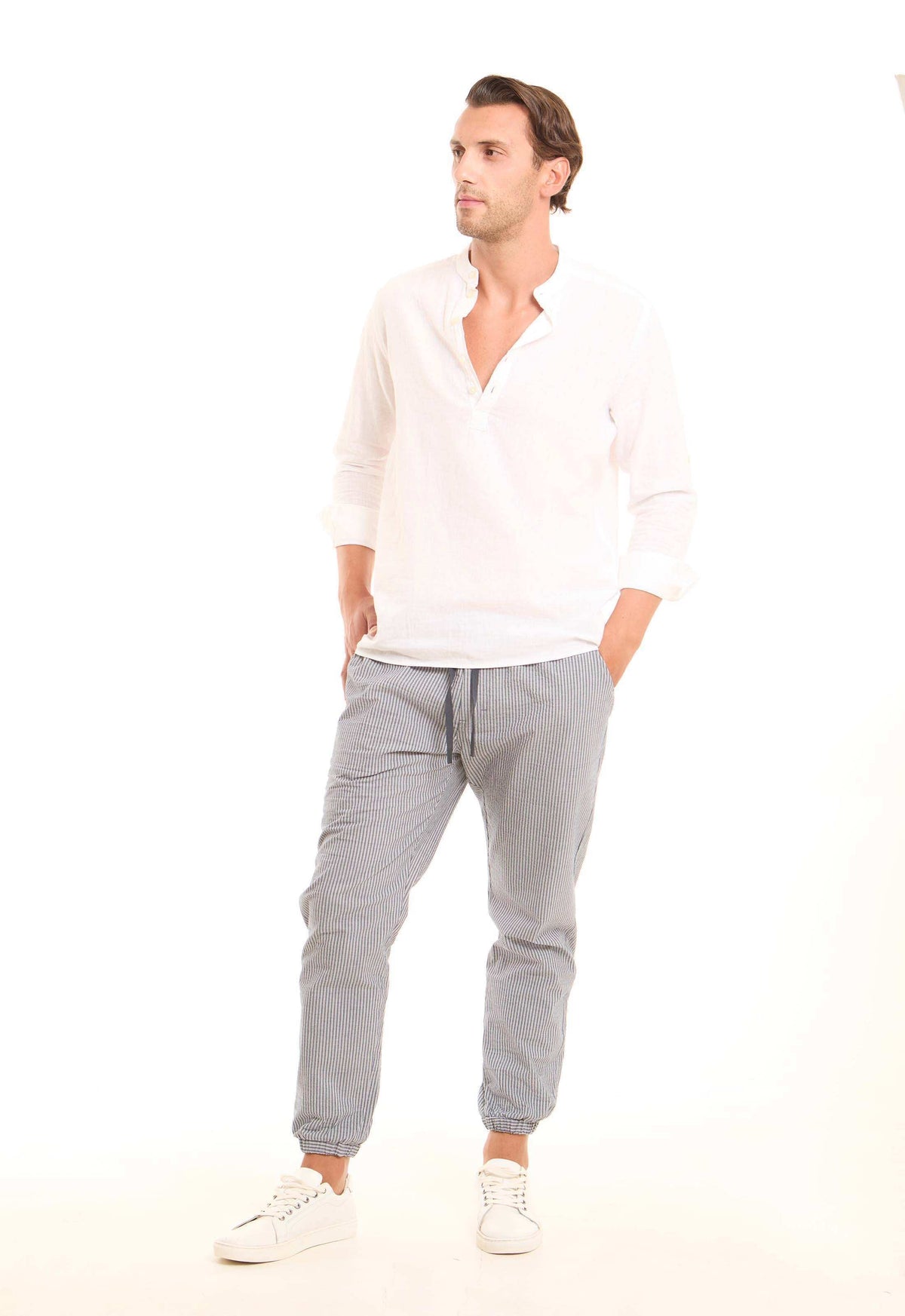 Striped Elastic-Hem Jogger Pants