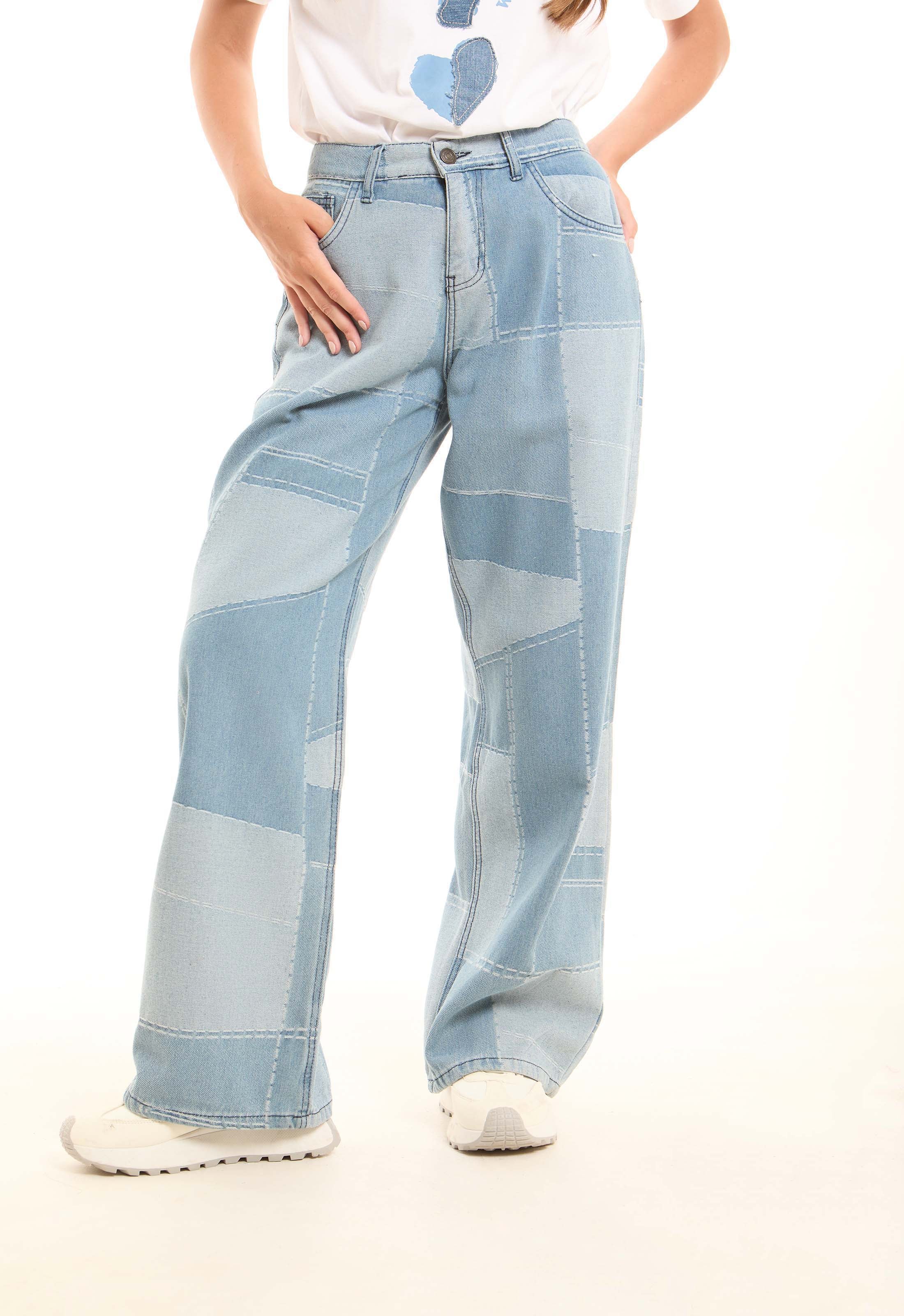 Patchwork Wide-Leg Denim Pants