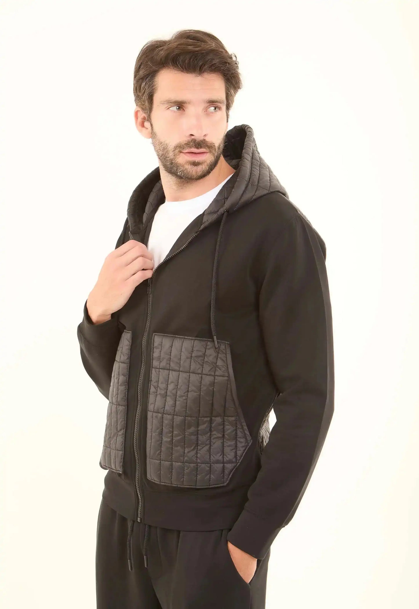 Zipped Hoodie with Front Quilted Pockets