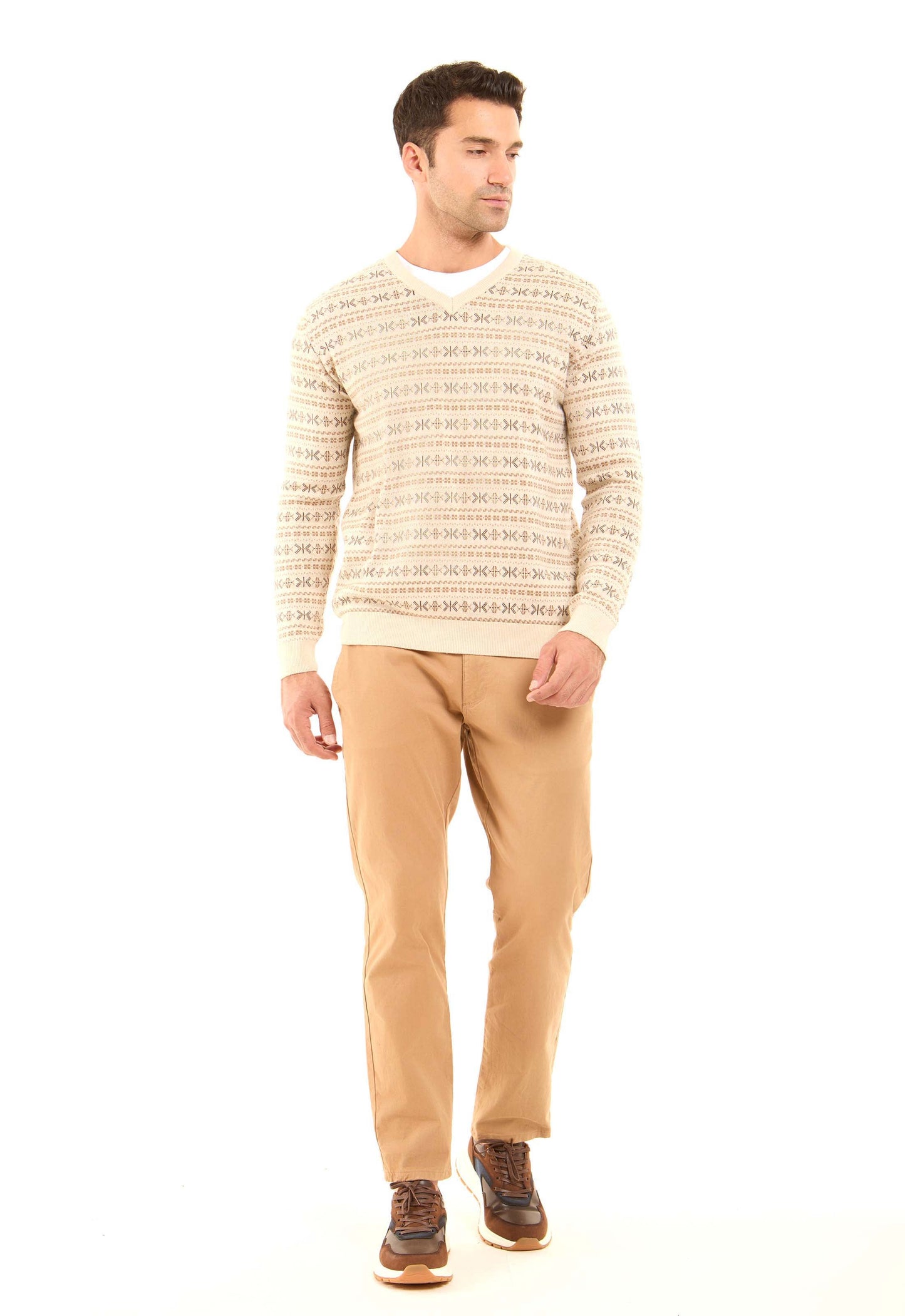 Patterned V-Neck Long Sleeves Pullover