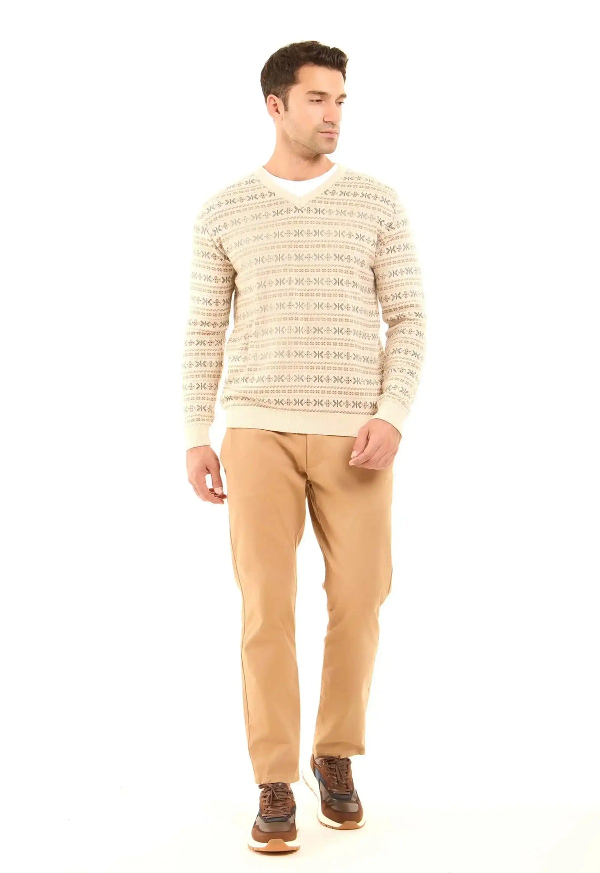 Patterned V-Neck Long Sleeves Pullover