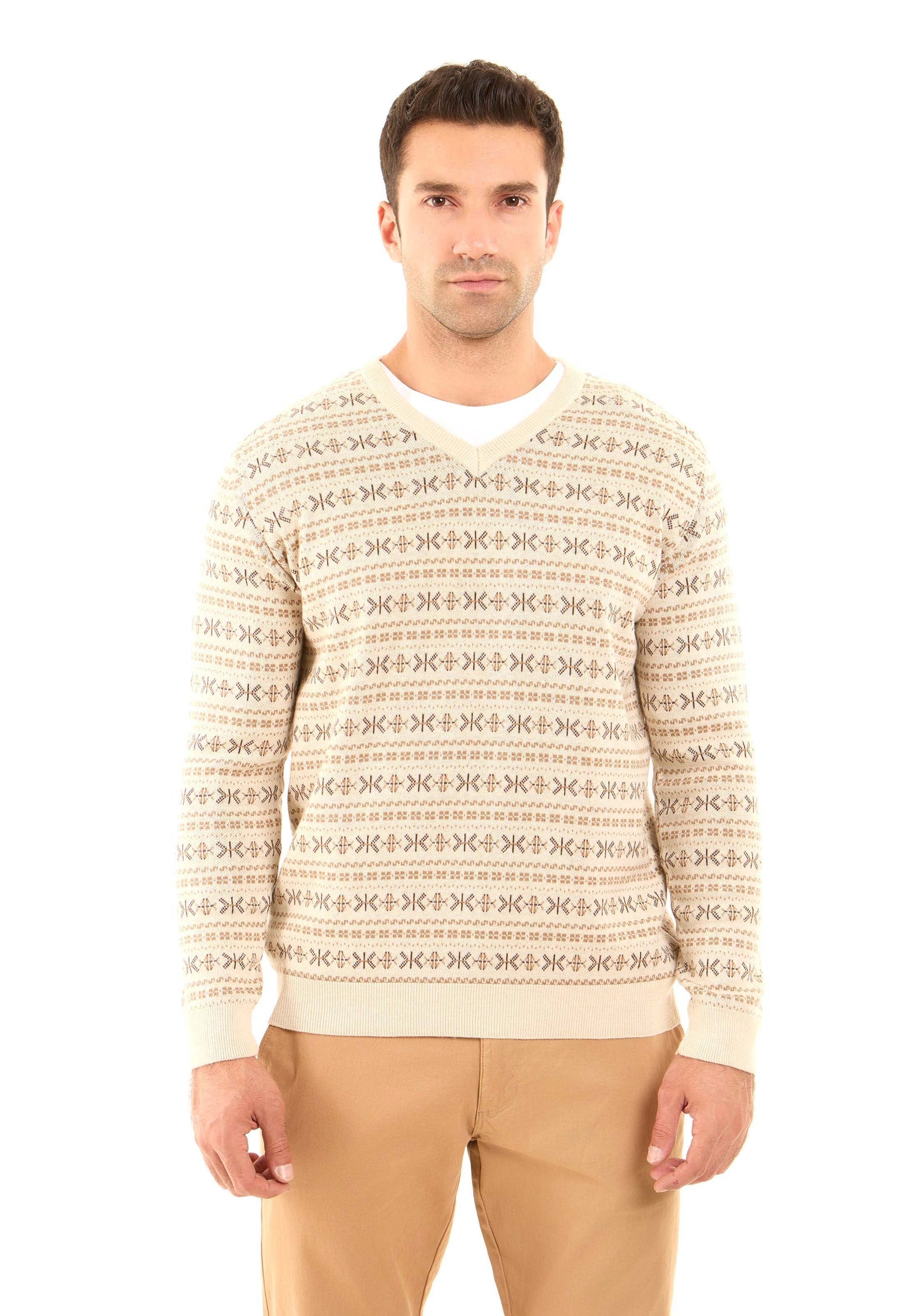 Patterned V-Neck Long Sleeves Pullover