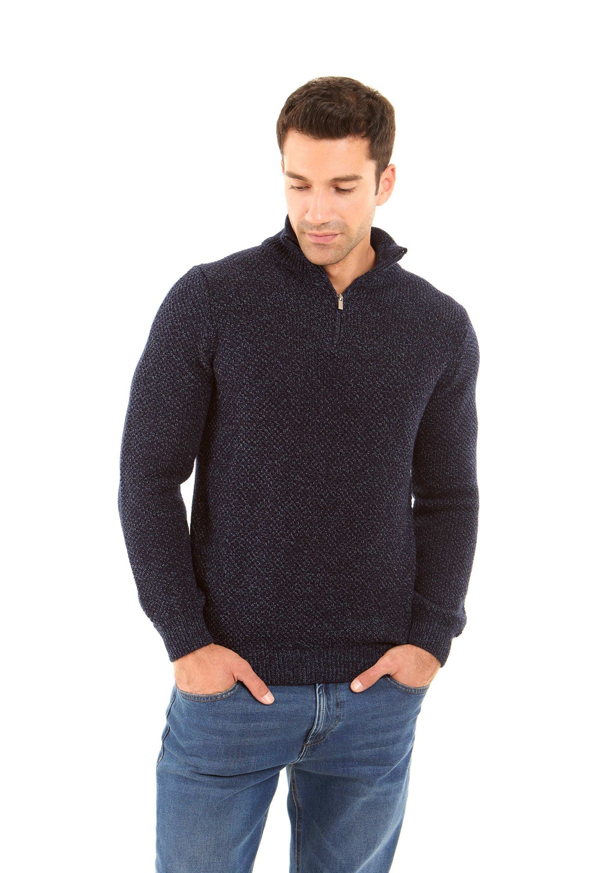Zipped Stand Collar Knitted Winter Sweater