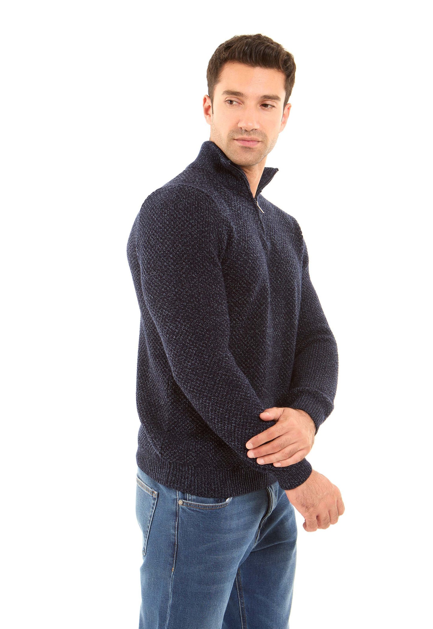 Zipped Stand Collar Knitted Winter Sweater