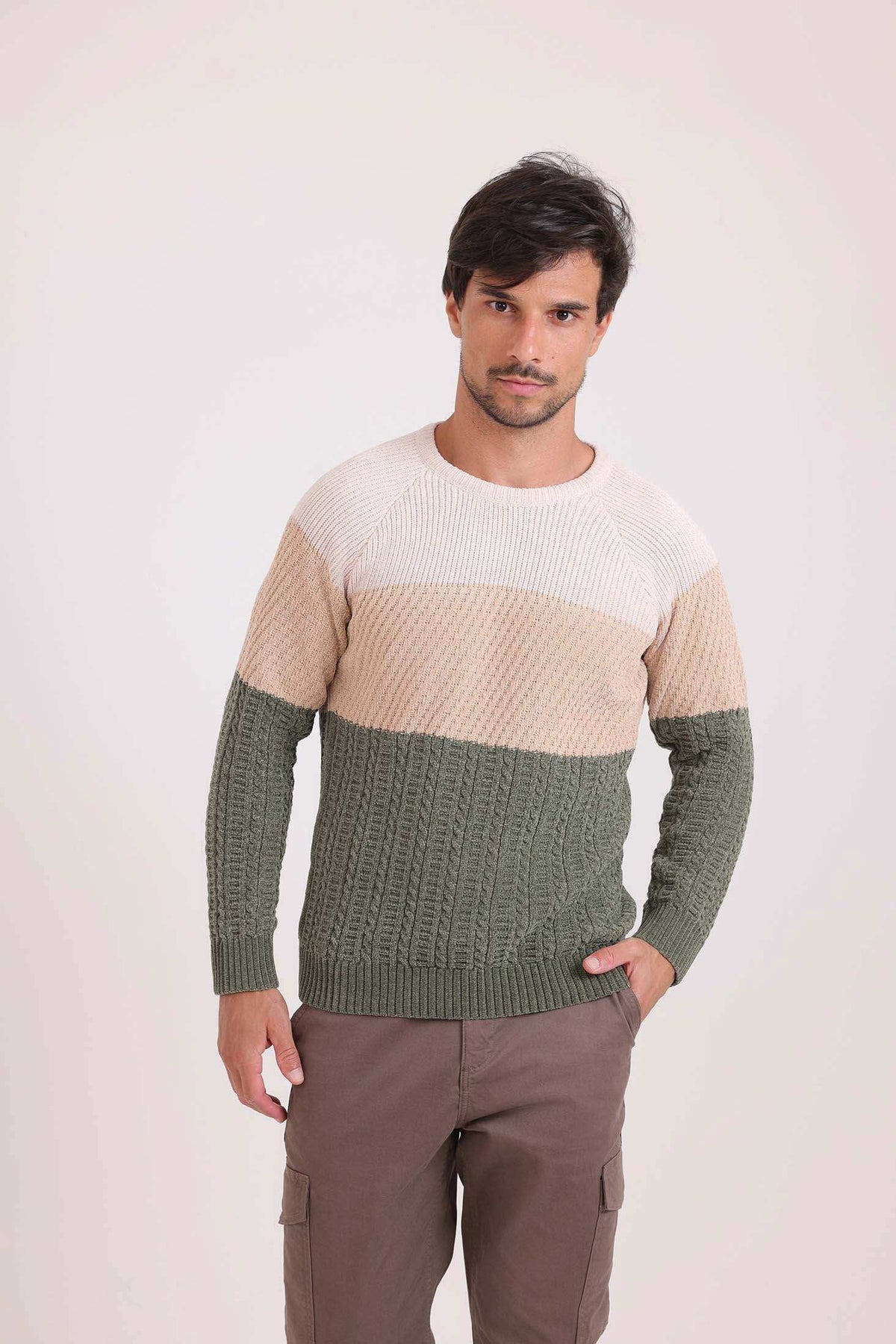 Tri-Tone Multiple Knits Pullover