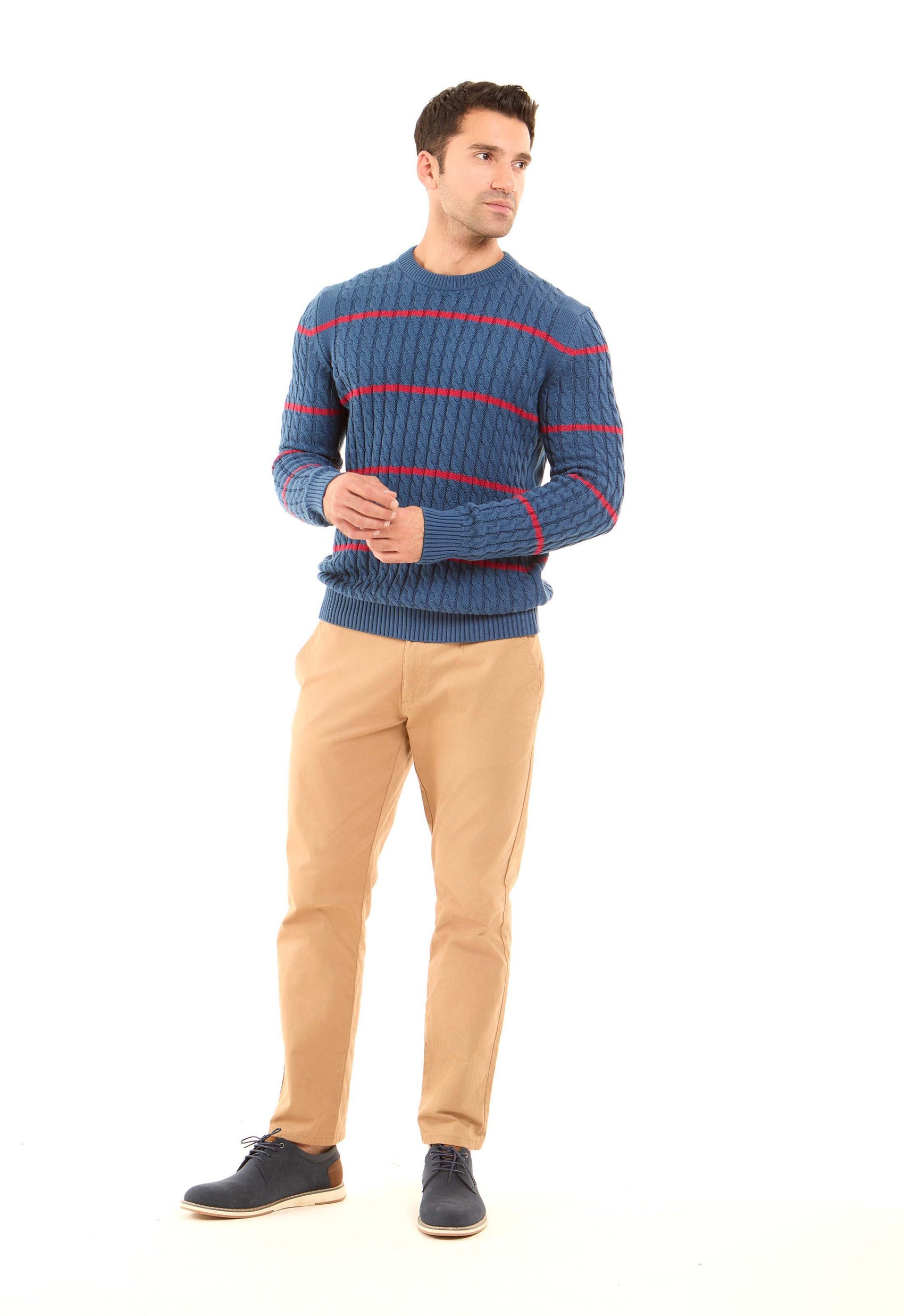 Braided Knit Striped Round Neck Pullover