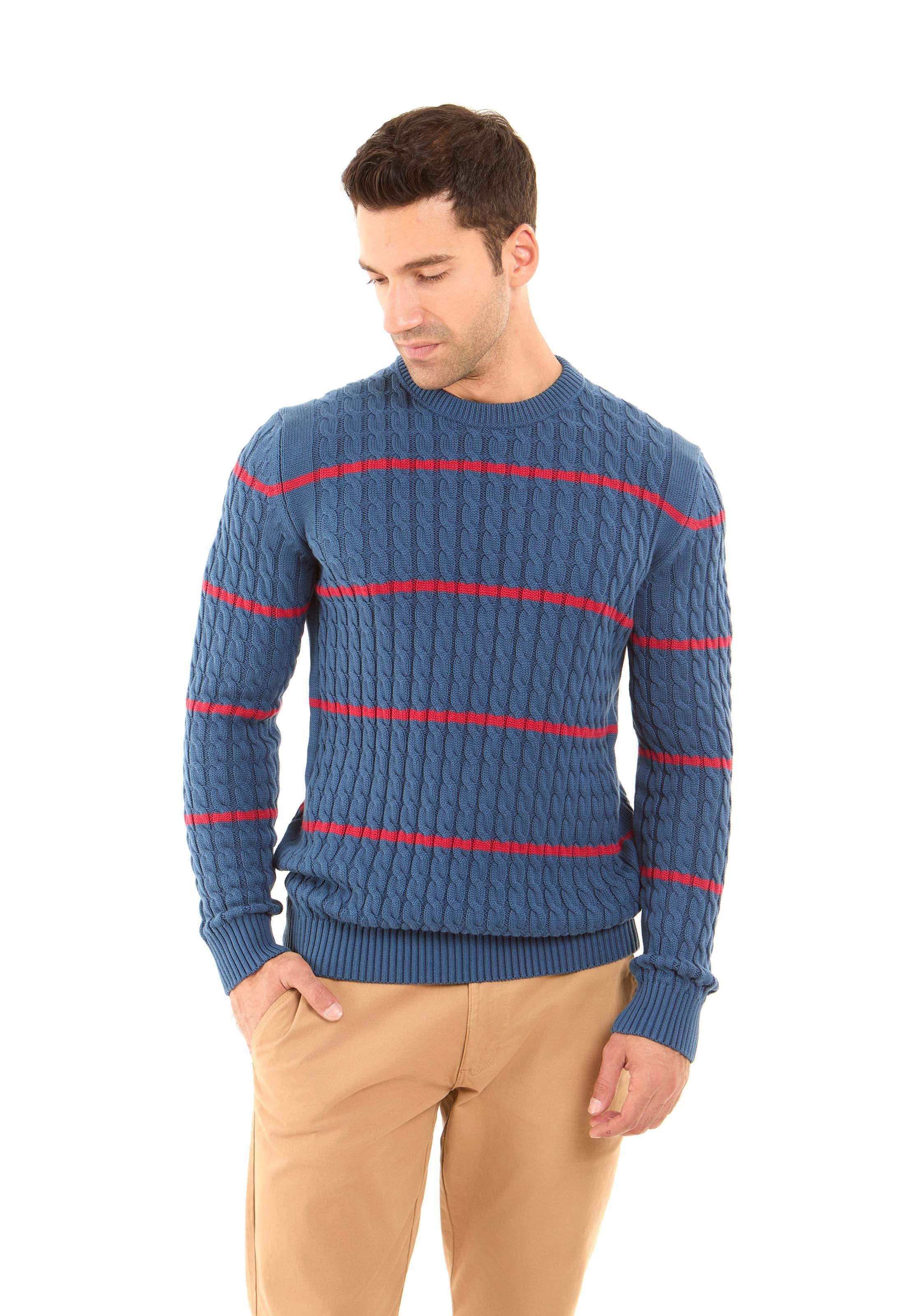 Braided Knit Striped Round Neck Pullover