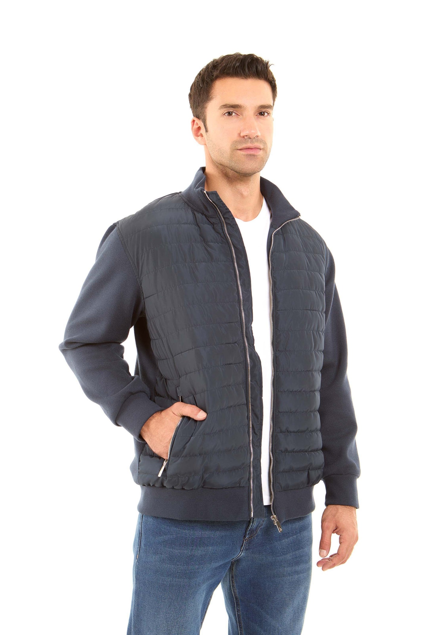 Padded Mixed-Fabric Zip Jacket