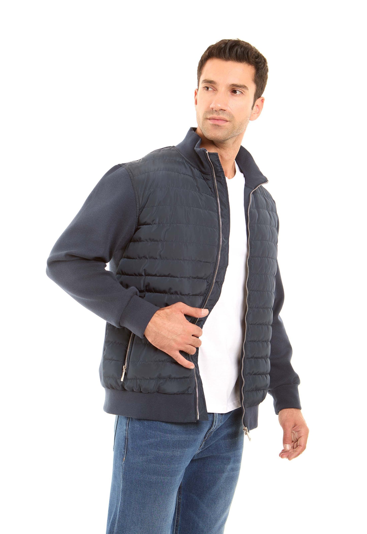 Padded Mixed-Fabric Zip Jacket