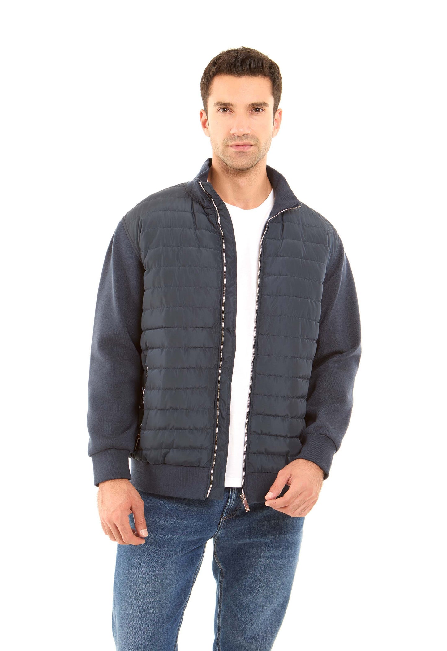 Padded Mixed-Fabric Zip Jacket