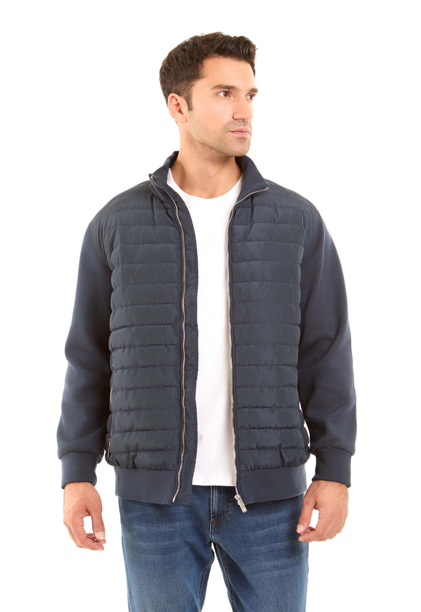 Padded Mixed-Fabric Zip Jacket