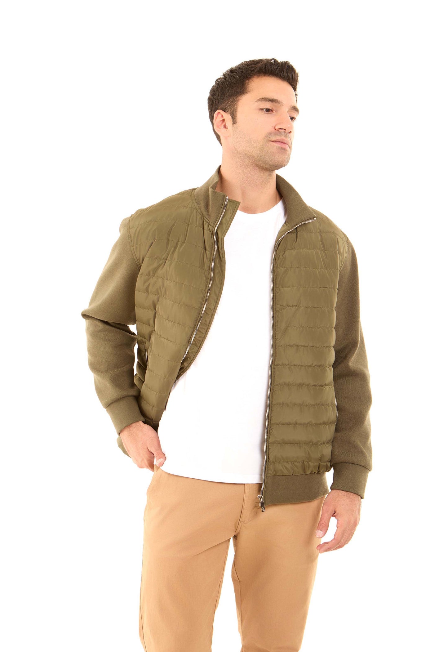 Padded Mixed-Fabric Zip Jacket