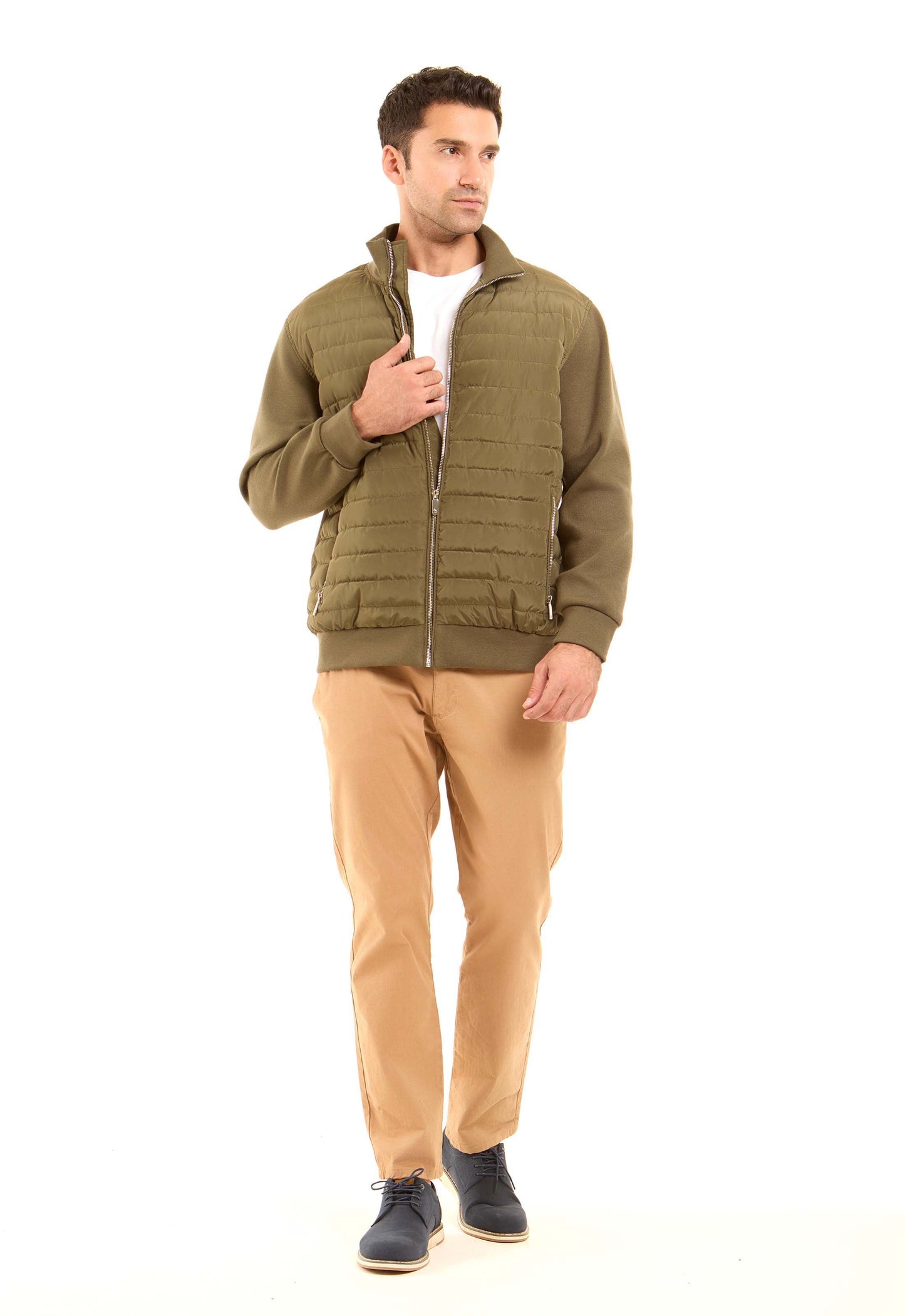 Padded Mixed-Fabric Zip Jacket