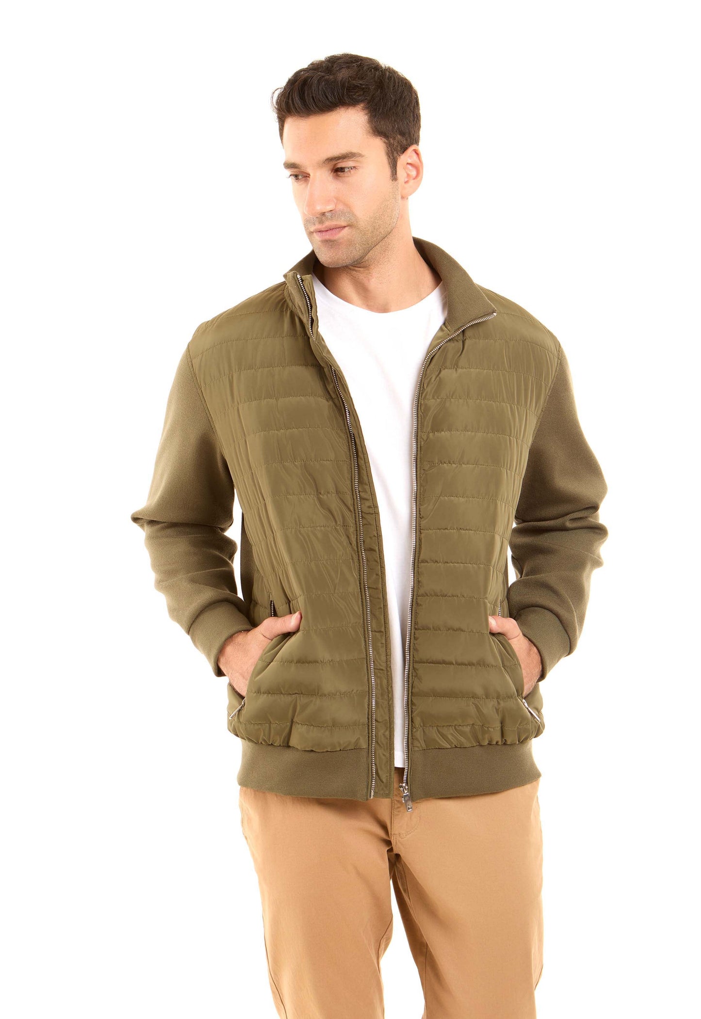 Padded Mixed-Fabric Zip Jacket