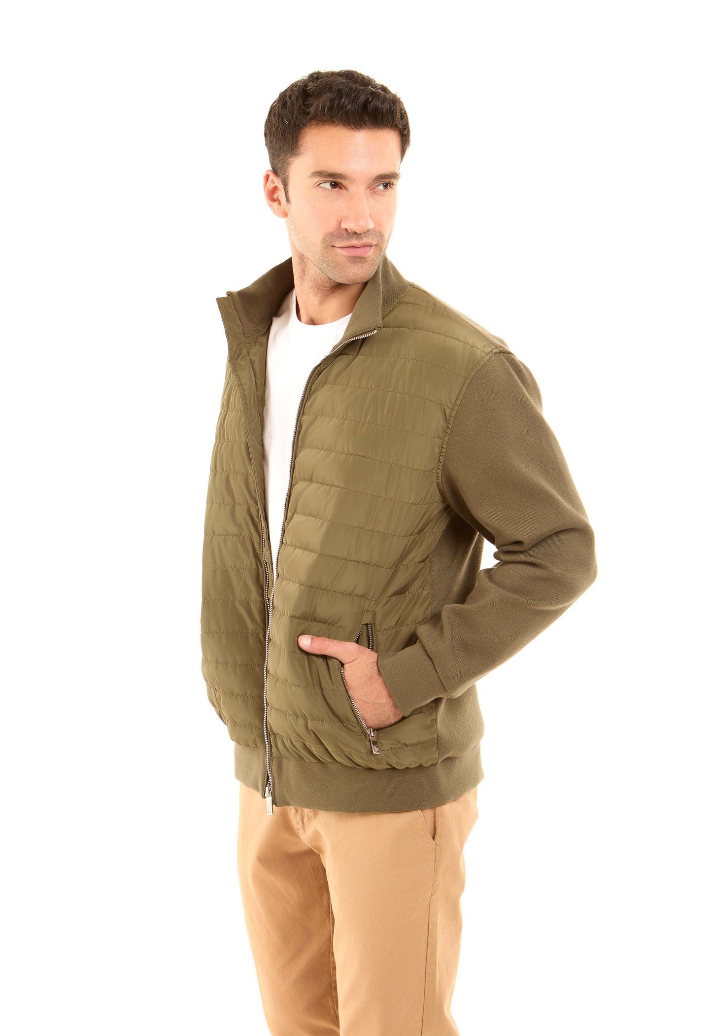 Padded Mixed-Fabric Zip Jacket