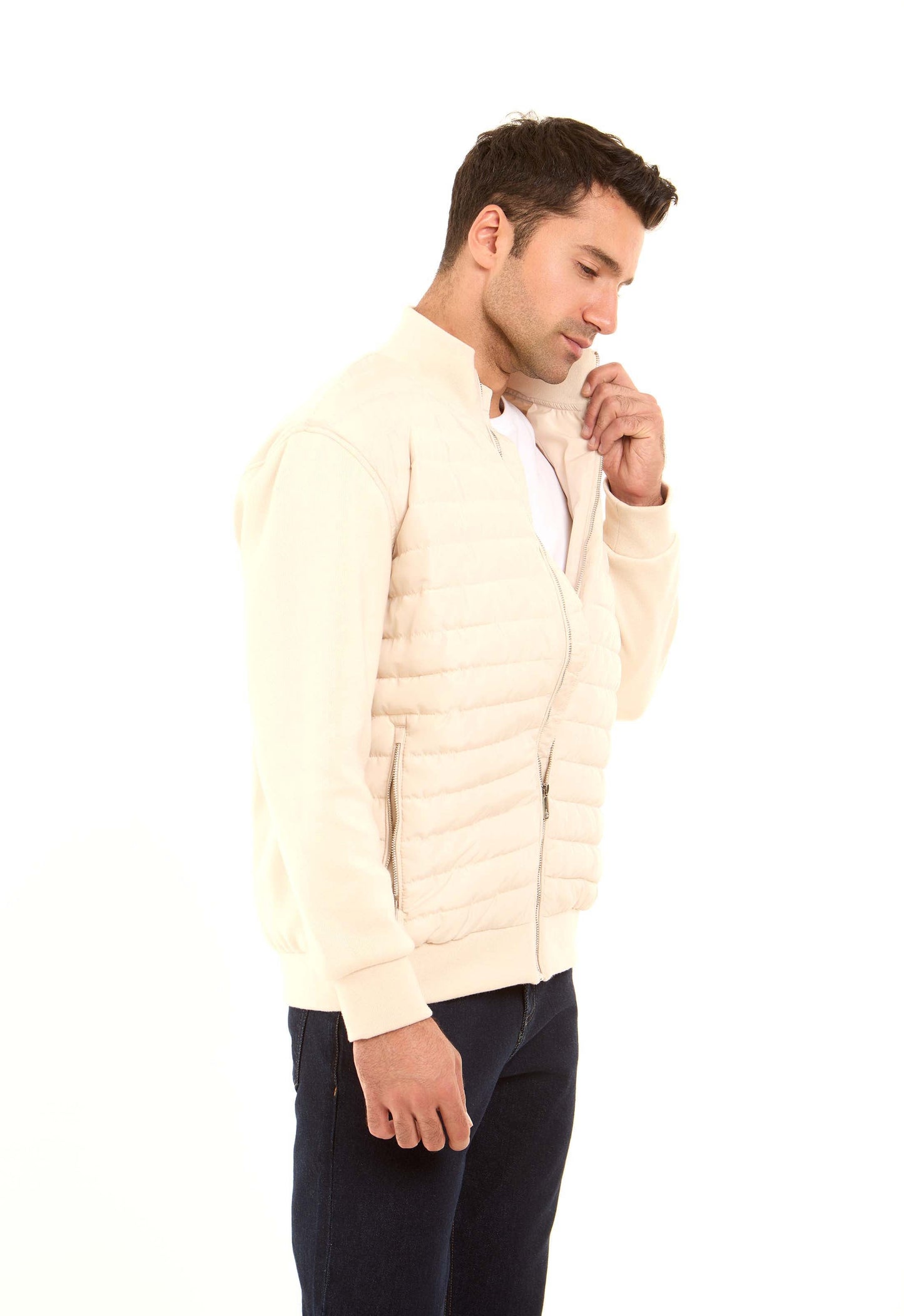 Padded Mixed-Fabric Zip Jacket