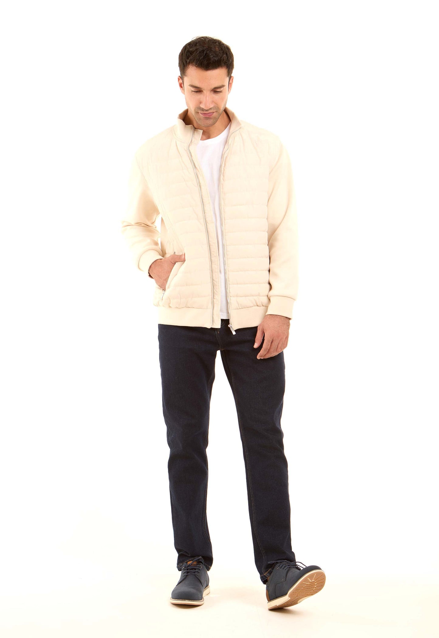 Padded Mixed-Fabric Zip Jacket