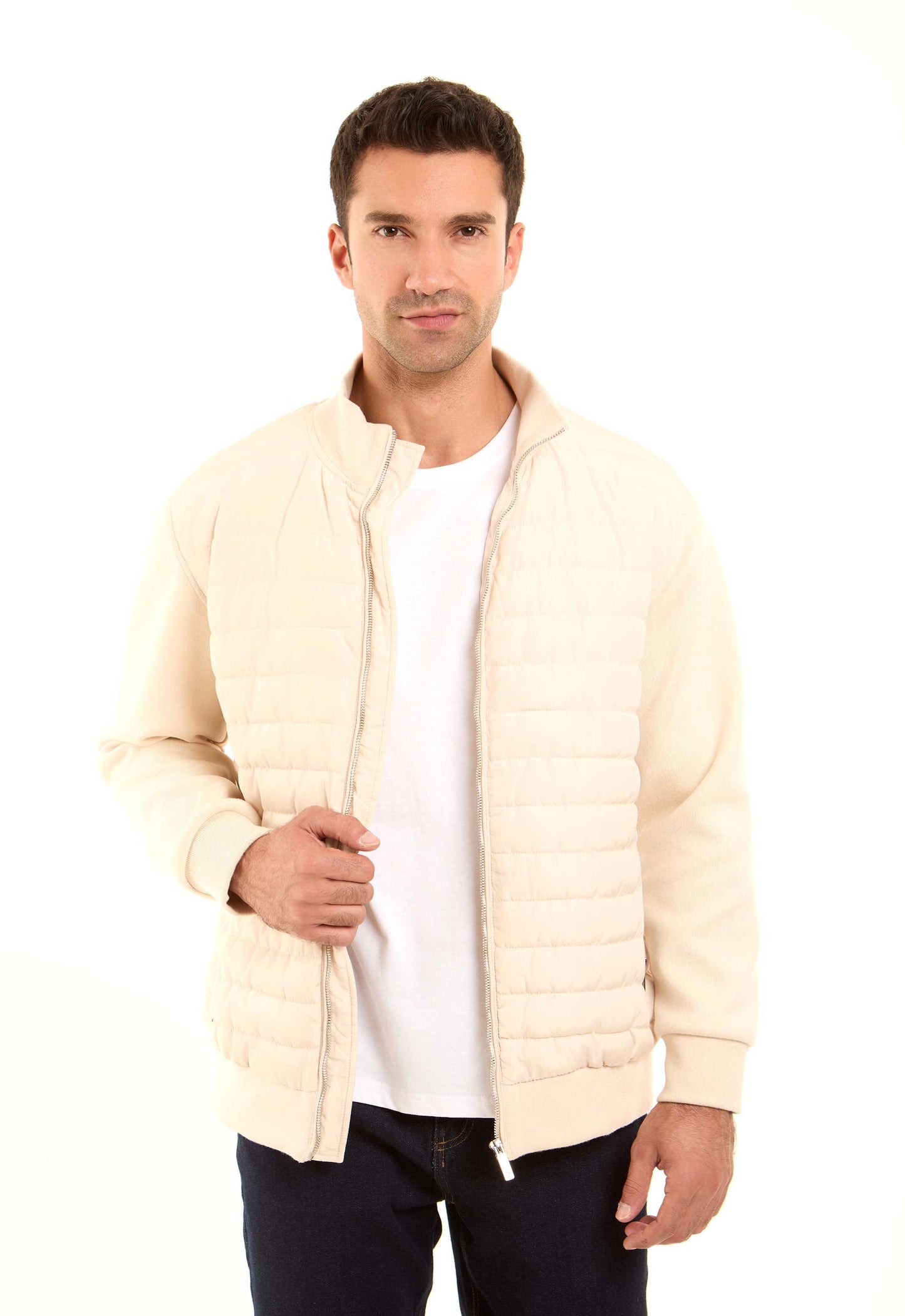 Padded Mixed-Fabric Zip Jacket