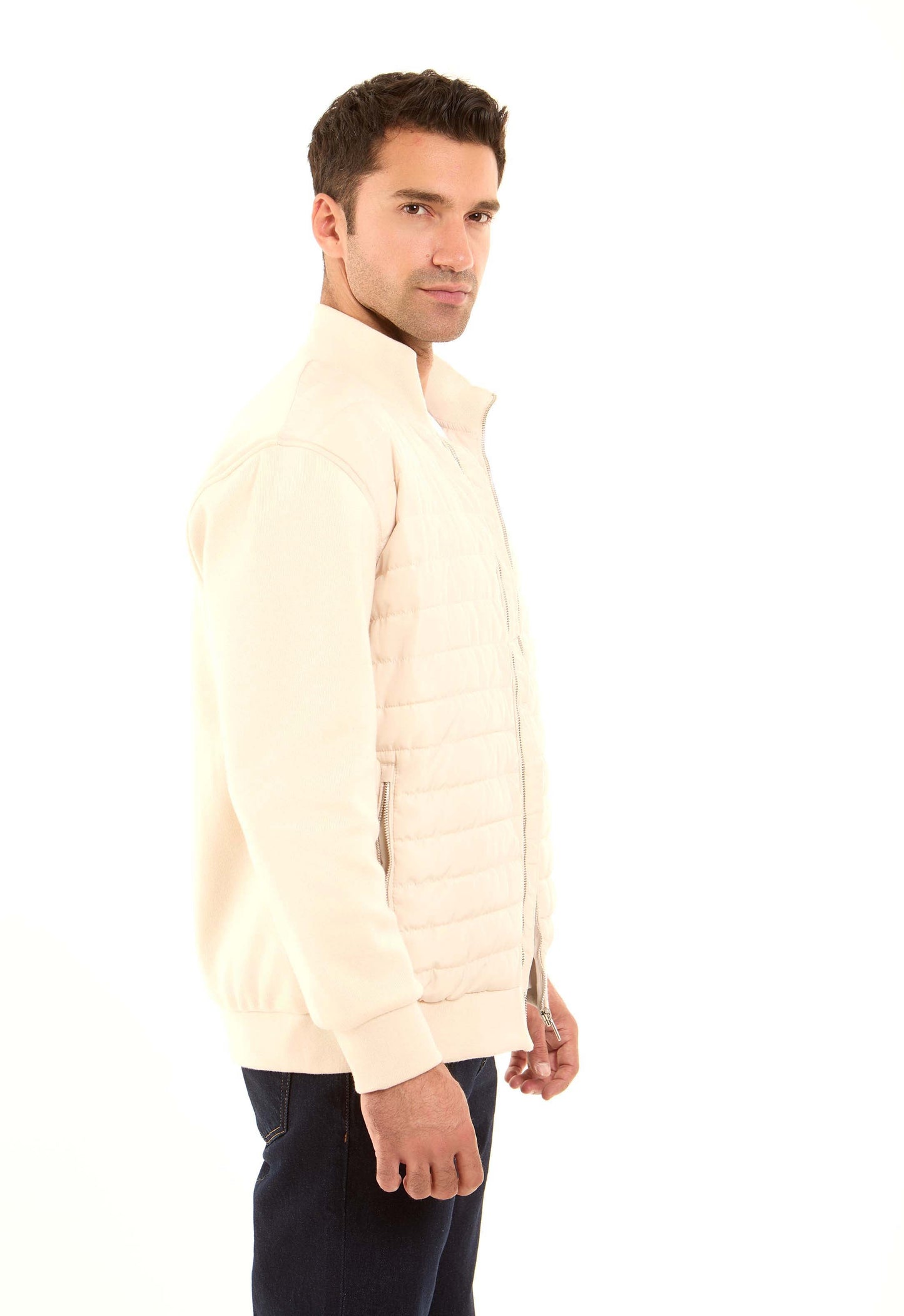 Padded Mixed-Fabric Zip Jacket