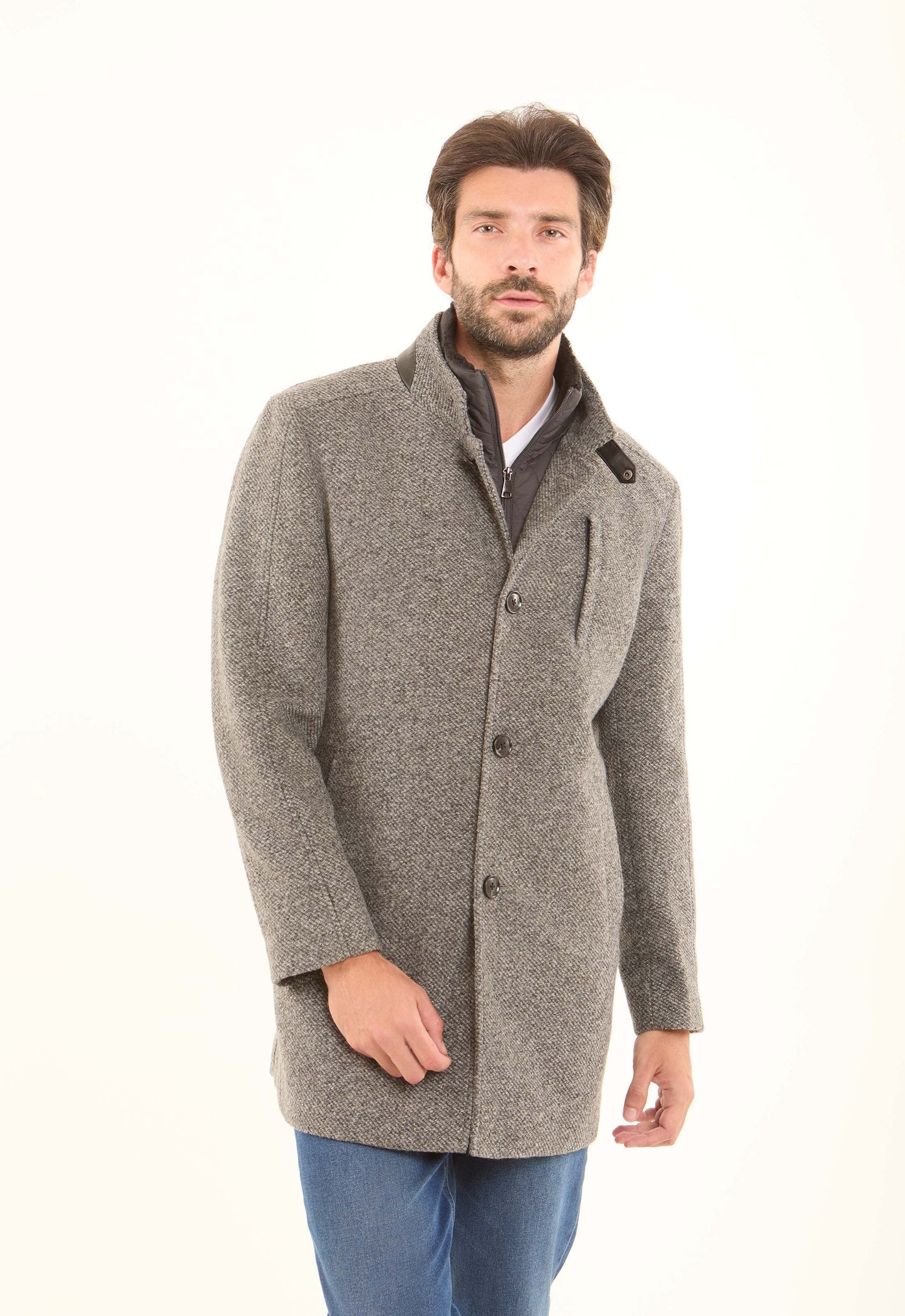 Wool-Blend Textured Stand-Collar Coat
