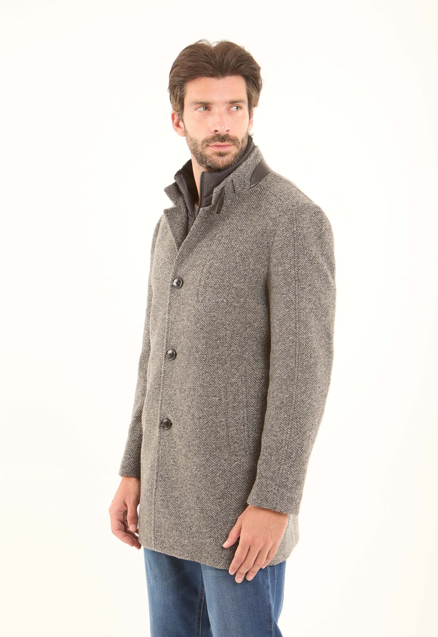 Wool-Blend Textured Stand-Collar Coat