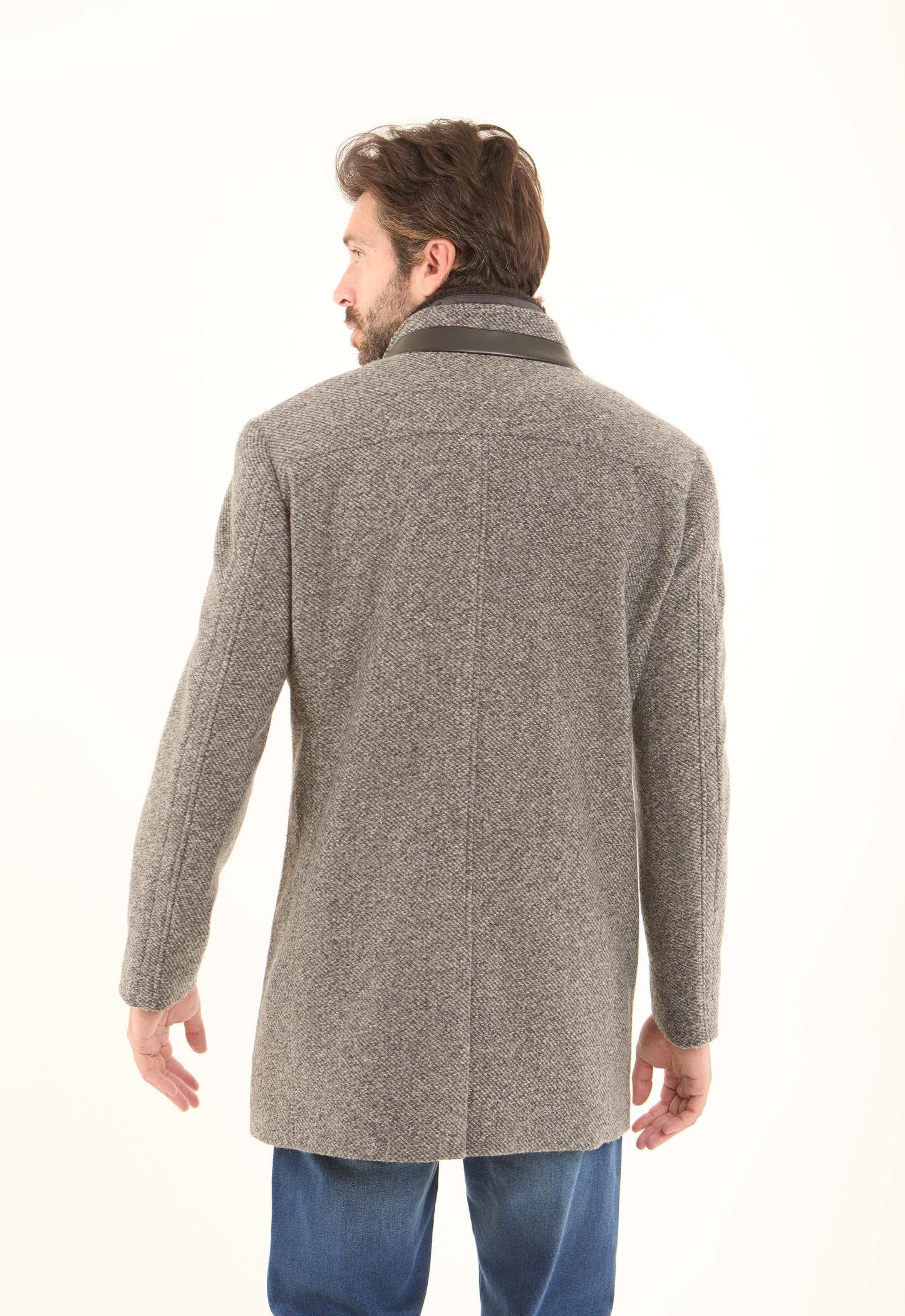 Wool-Blend Textured Stand-Collar Coat