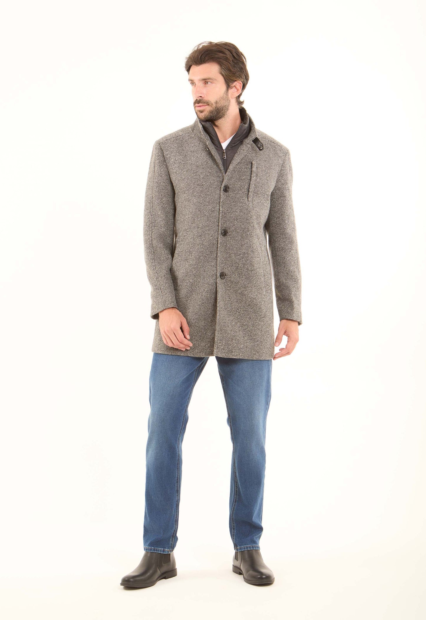 Wool-Blend Textured Stand-Collar Coat