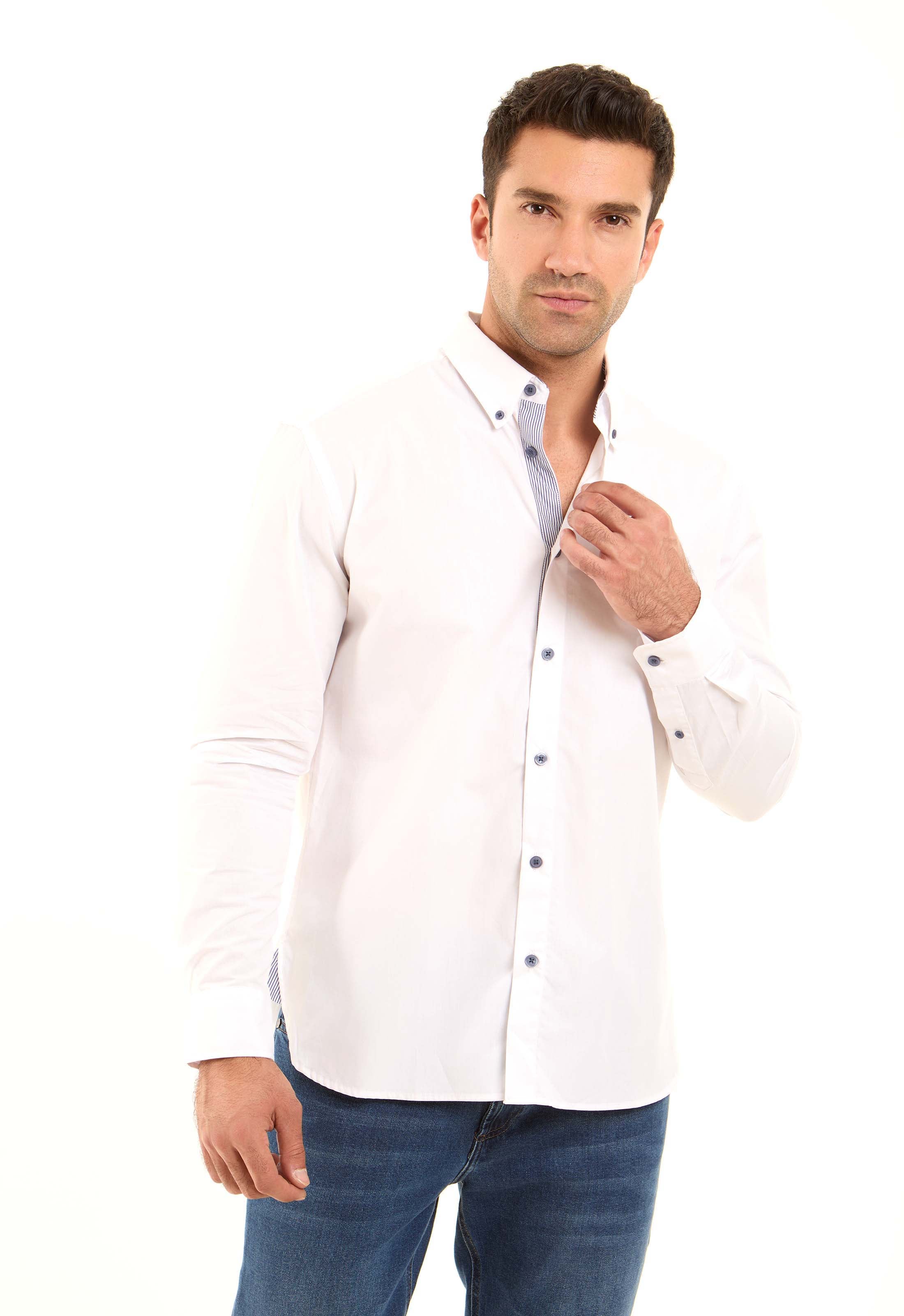 Solid Classic Shirt with Striped Neckline