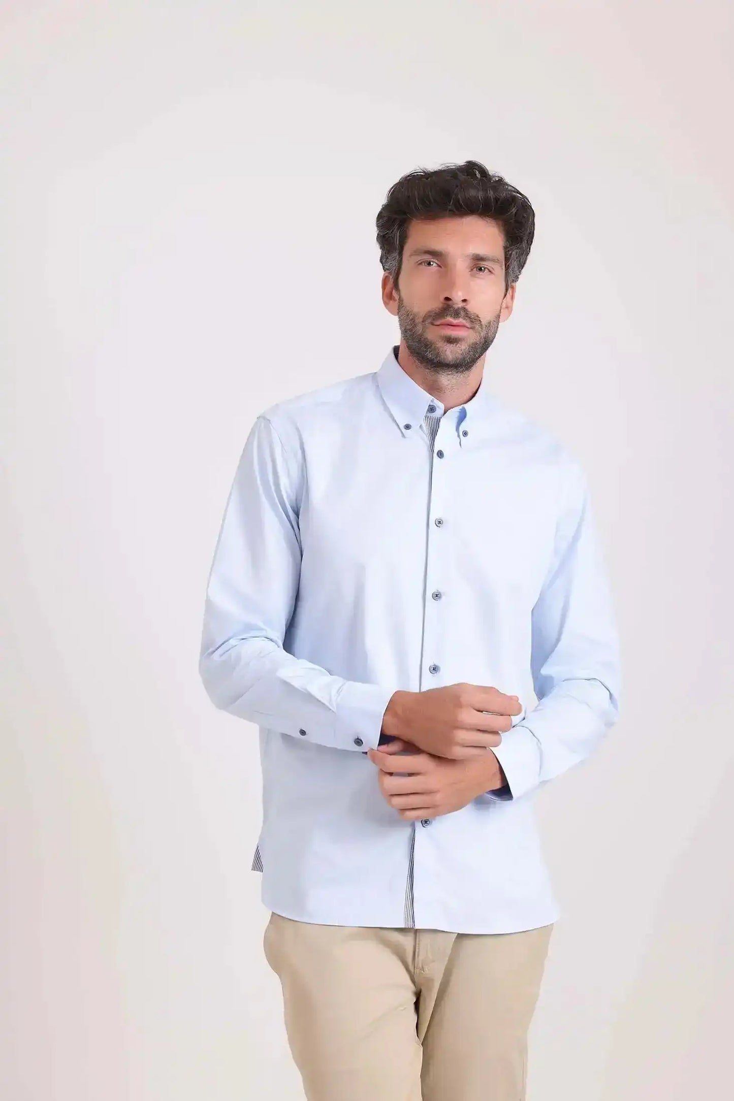 Solid Classic Shirt with Striped Neckline