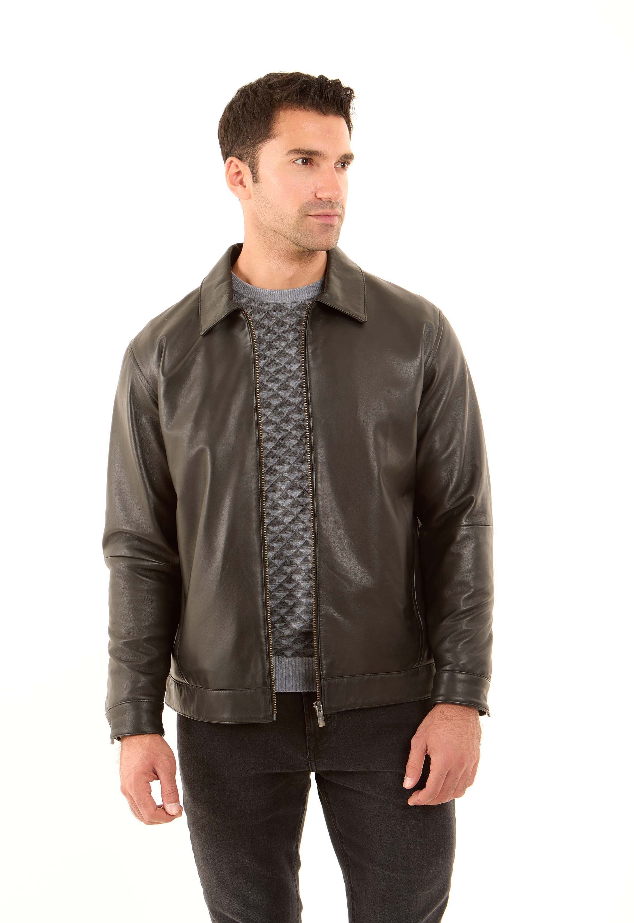 Leather Zip Jacket with Classic Collar