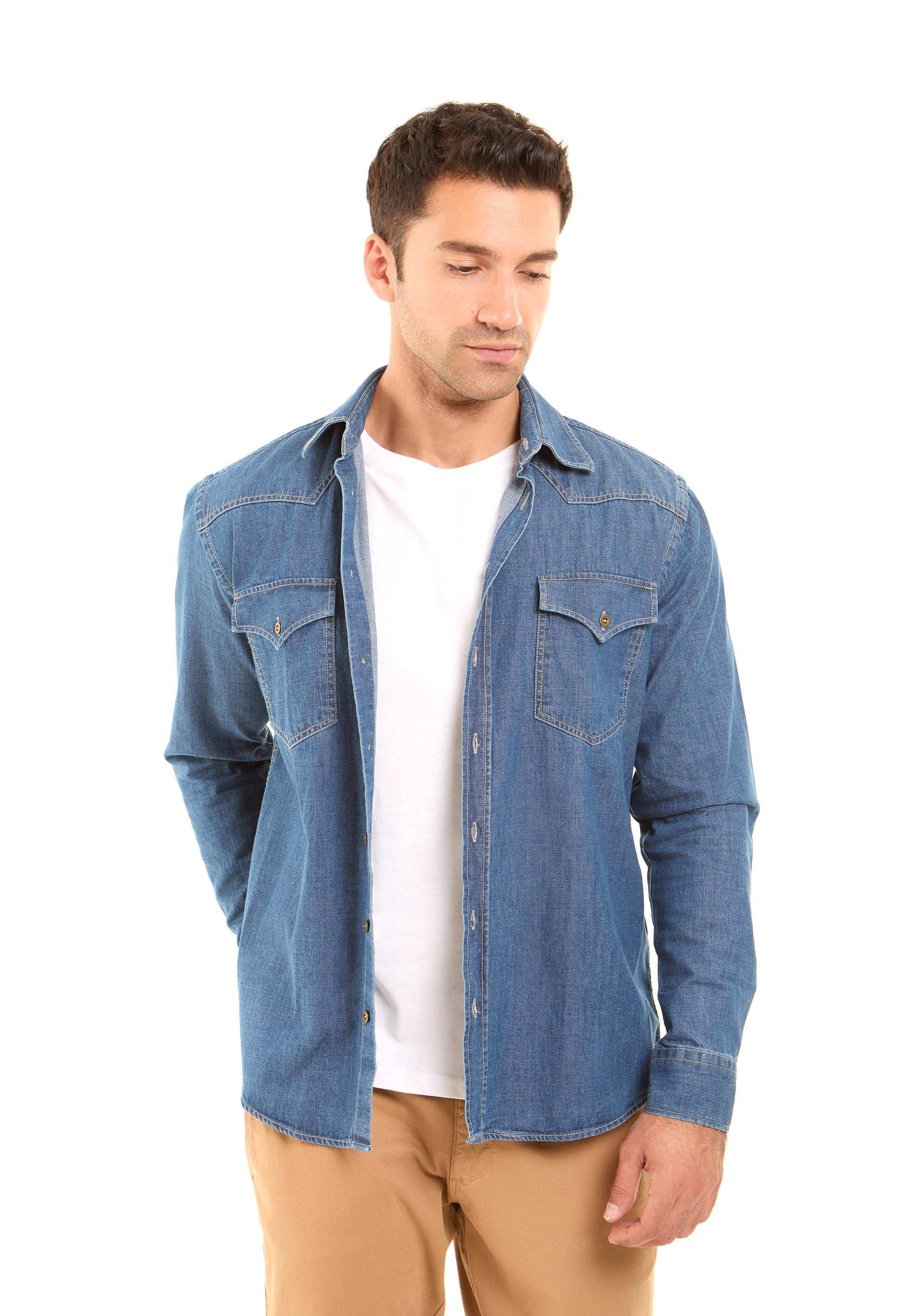 قميص دنيم بأكمام طويلة وأزرار