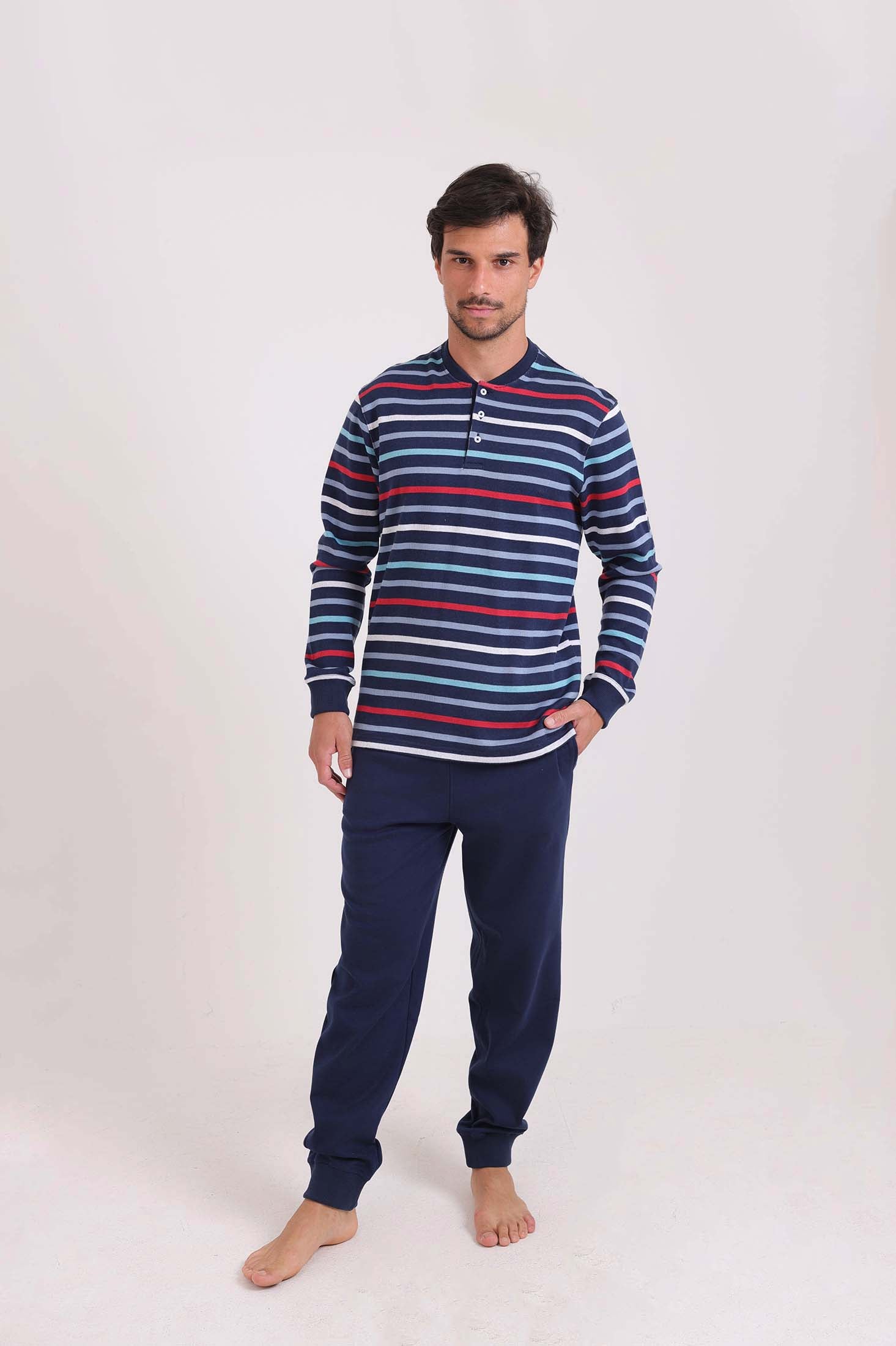 Striped Top & Slip On Pants Winter Pajama Set