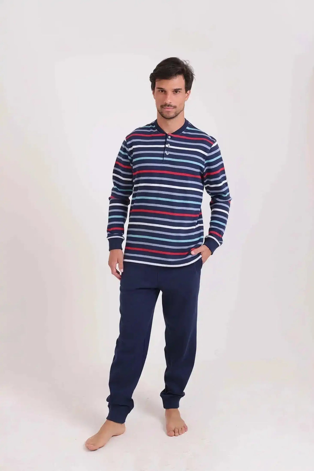 Striped Top & Slip On Pants Winter Pajama Set