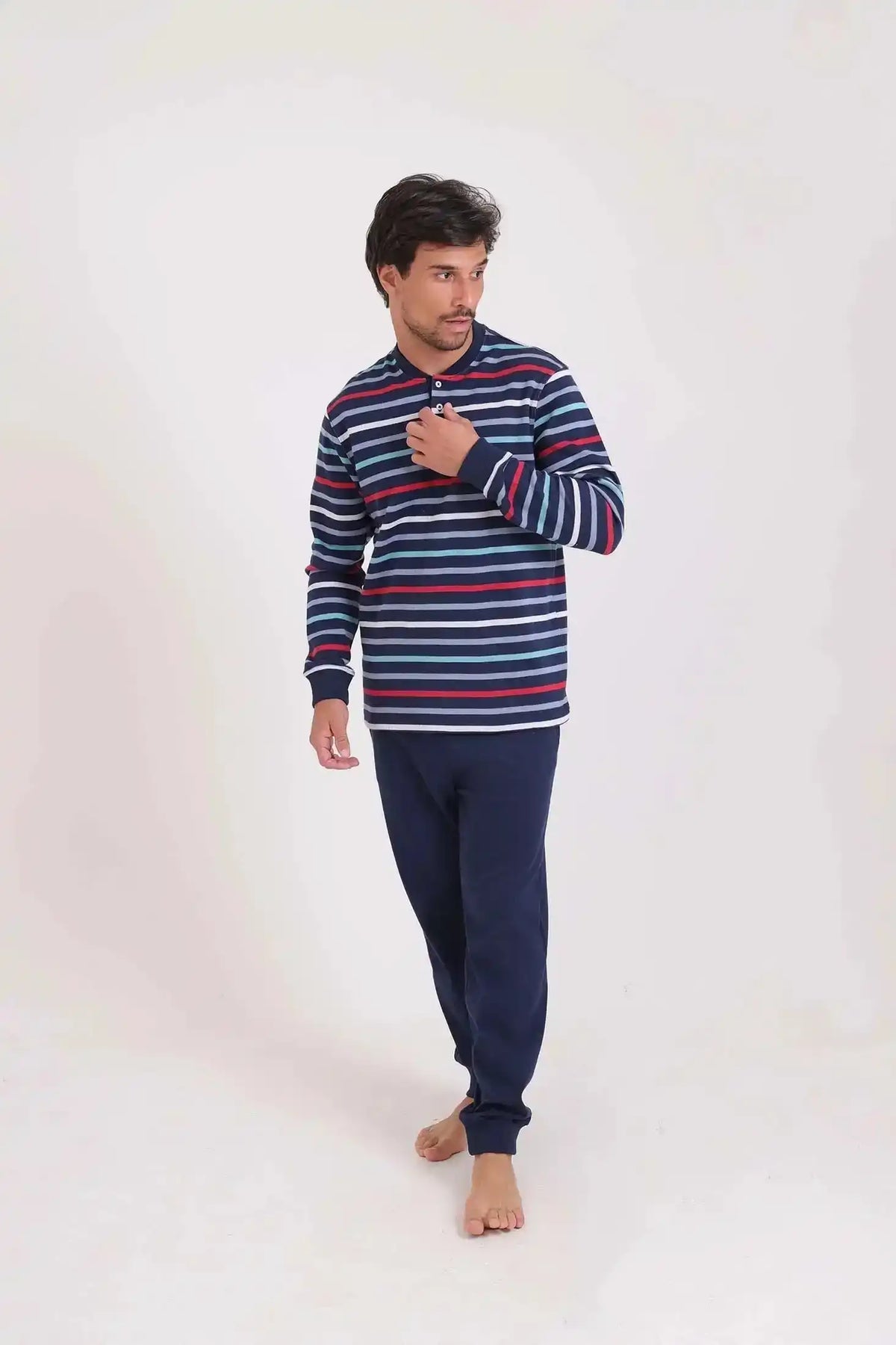 Striped Top & Slip On Pants Winter Pajama Set