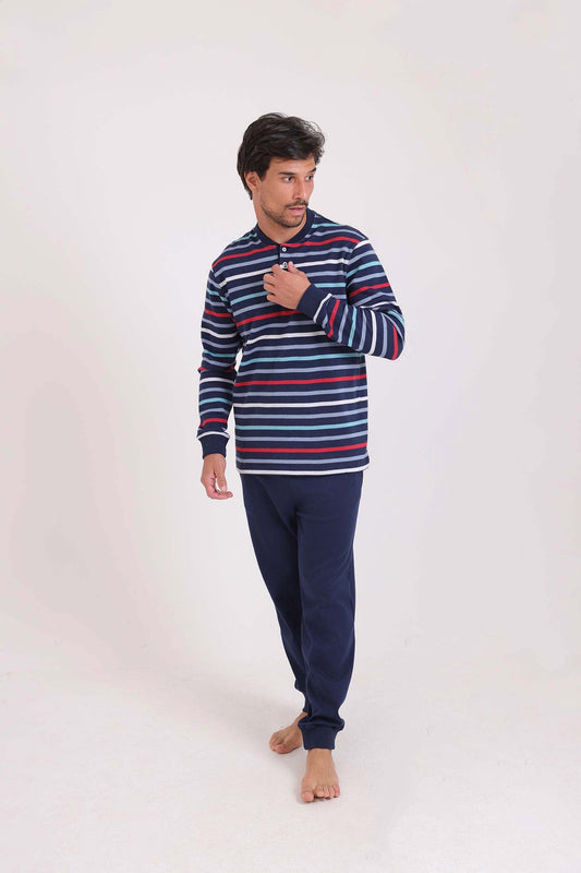 Striped Top & Slip On Pants Winter Pajama Set