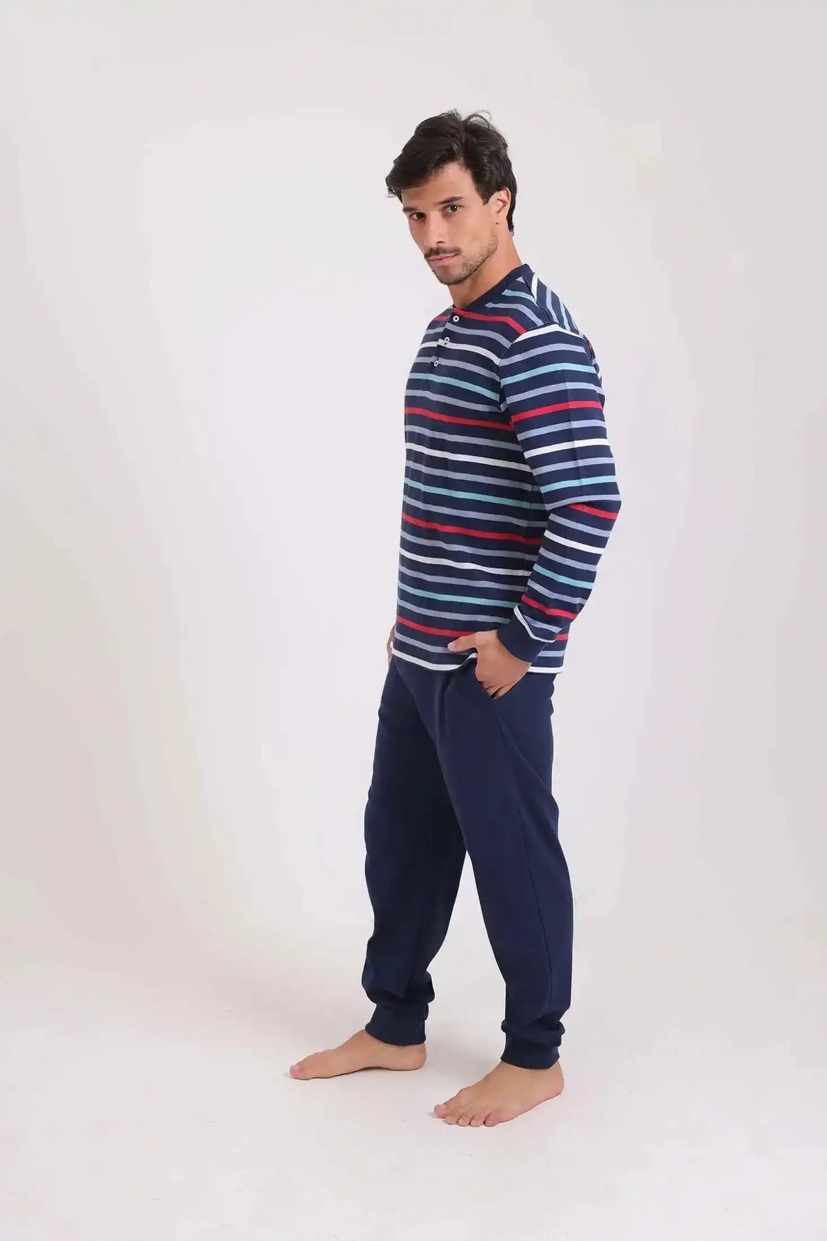 Striped Top & Slip On Pants Winter Pajama Set