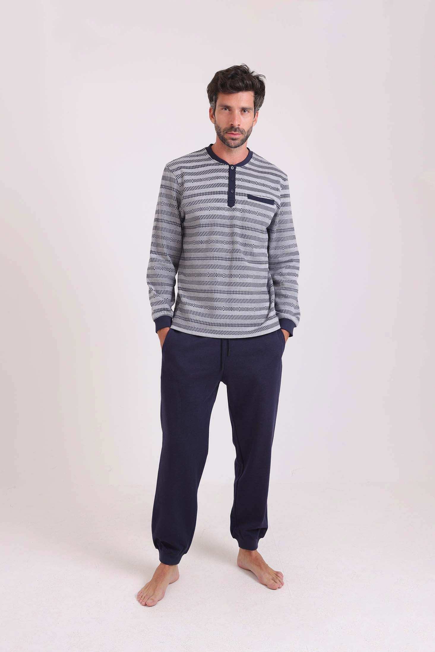 Striped Top & Solid Pants Winter Pajama Set