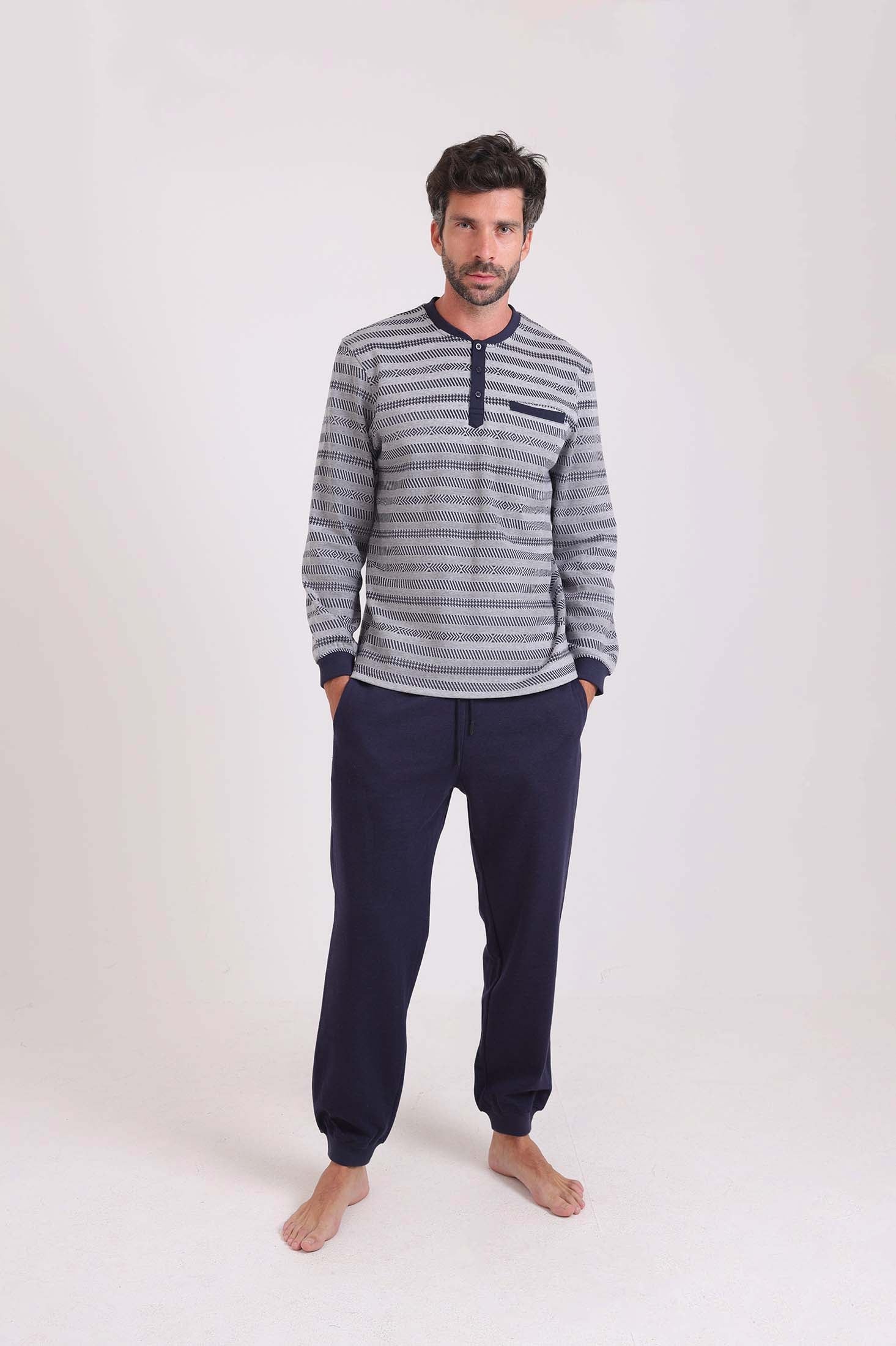 Striped Top & Solid Pants Winter Pajama Set