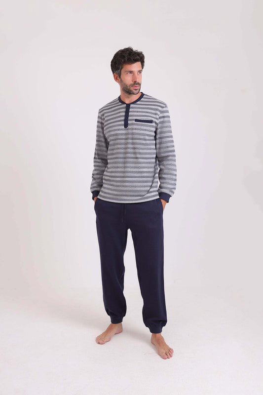 Striped Top & Solid Pants Winter Pajama Set