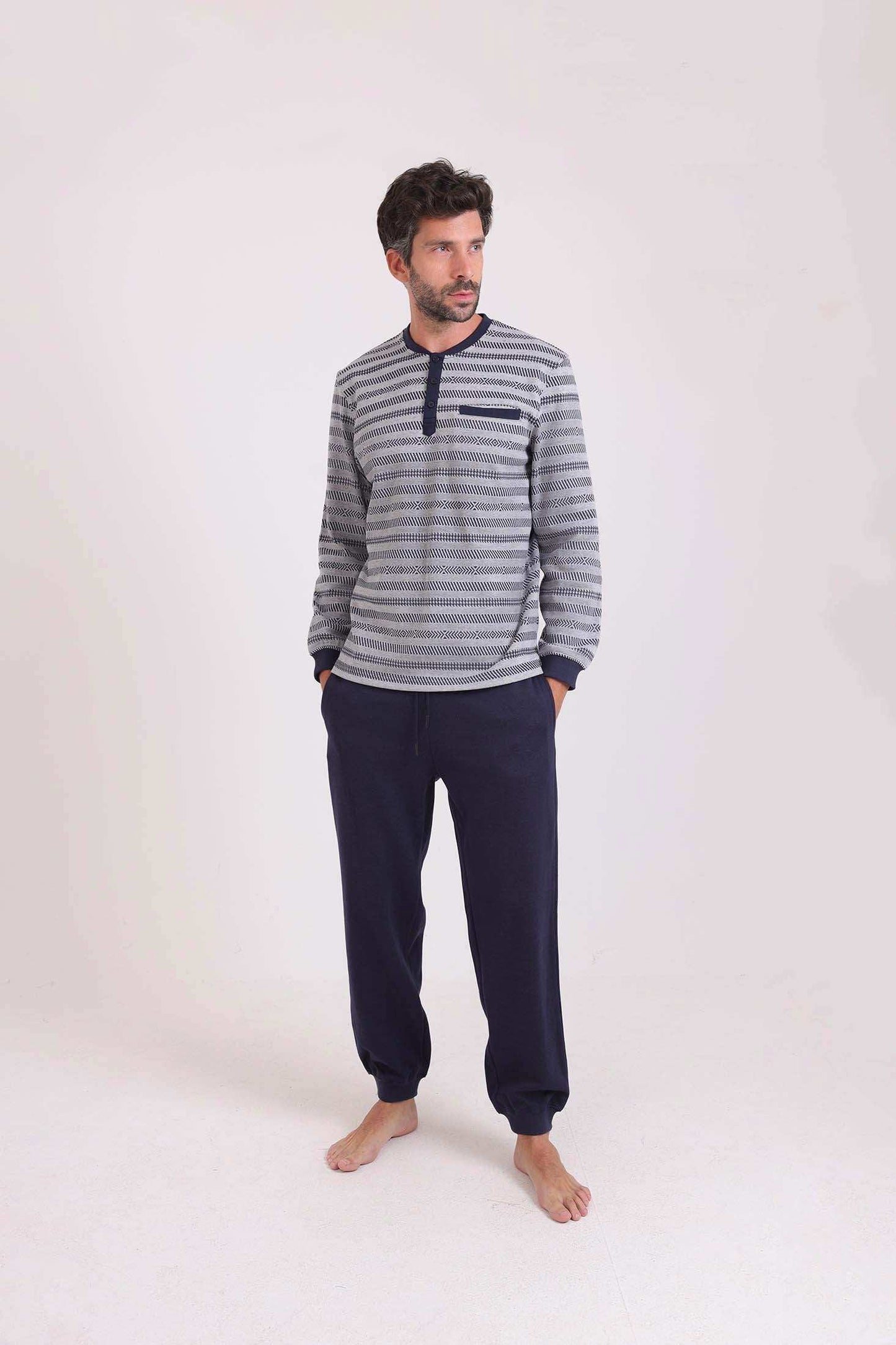 Striped Top & Solid Pants Winter Pajama Set