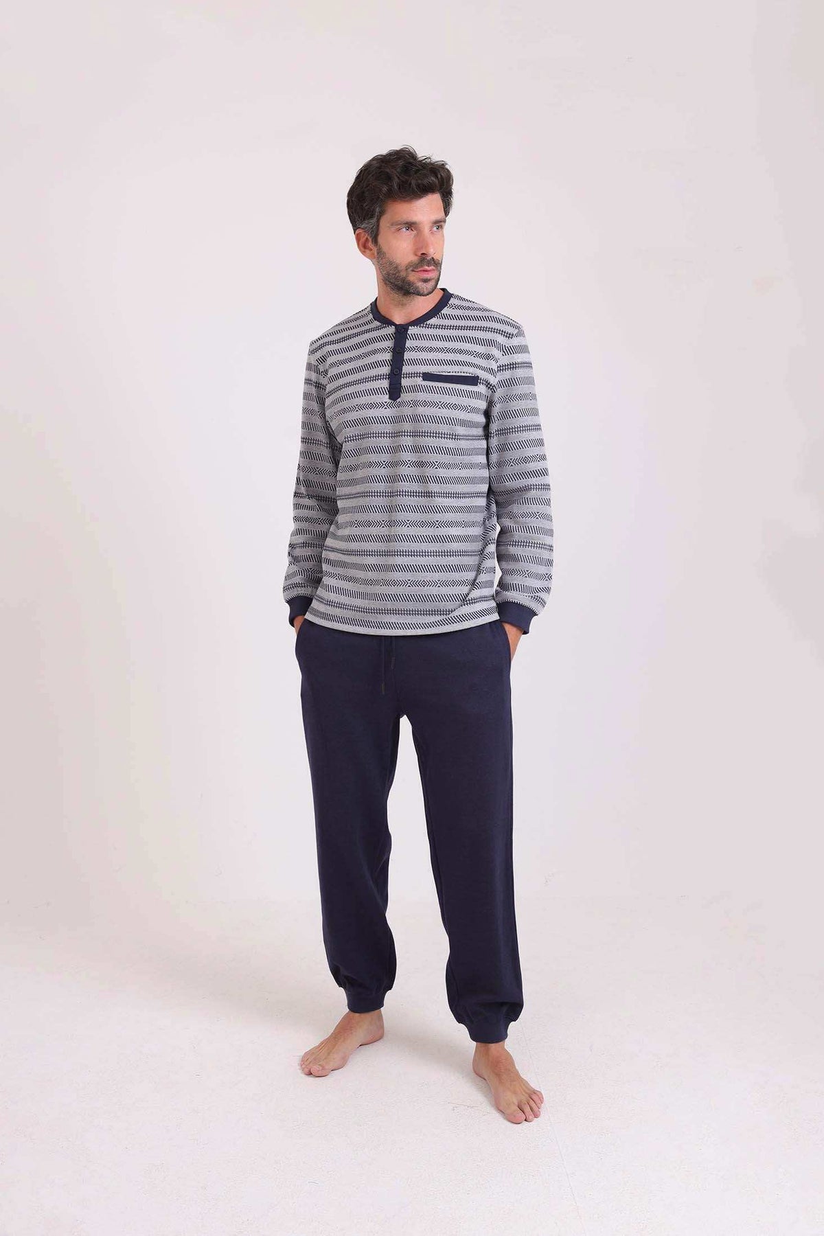 Striped Top & Solid Pants Winter Pajama Set