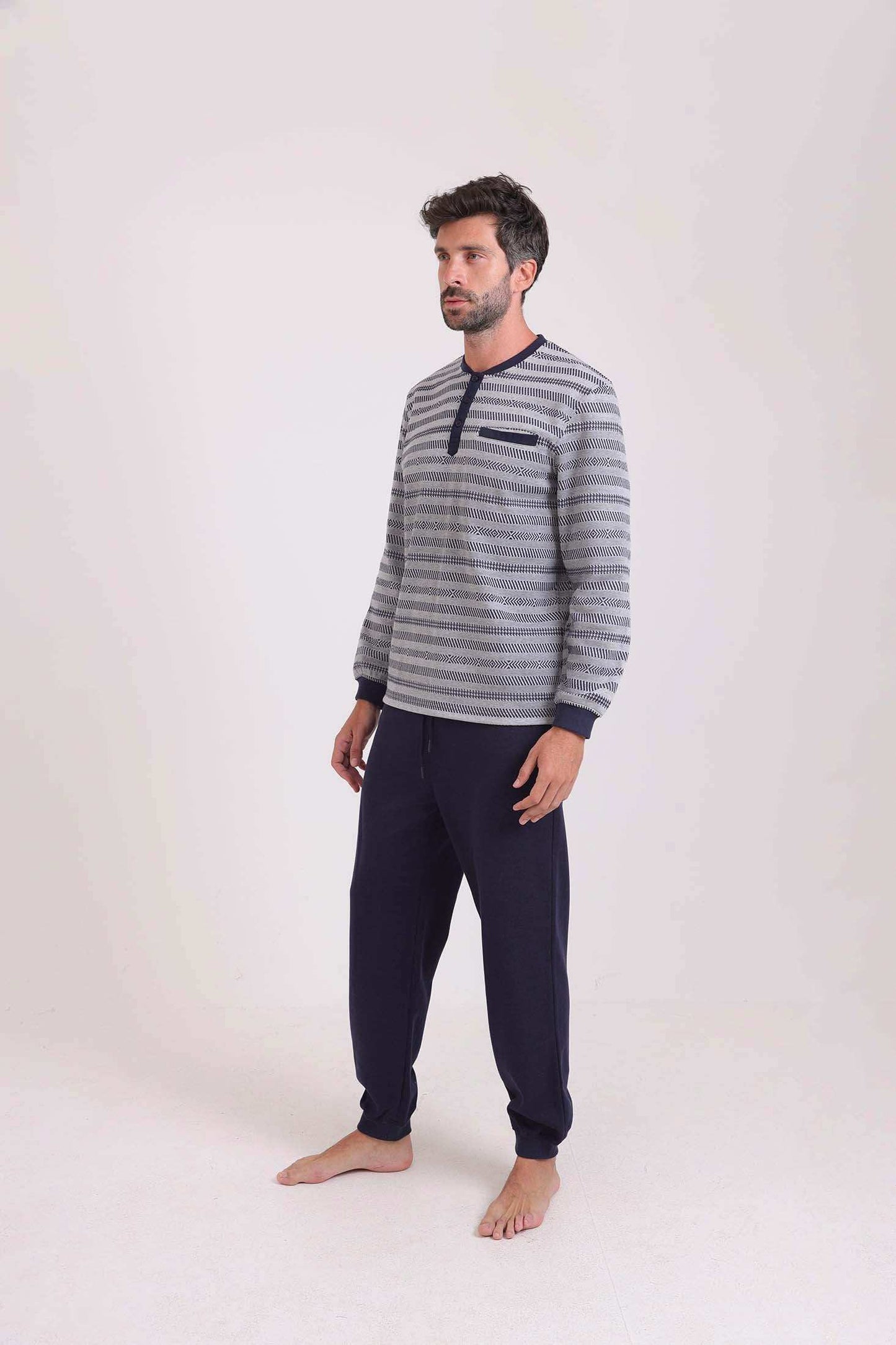 Striped Top & Solid Pants Winter Pajama Set