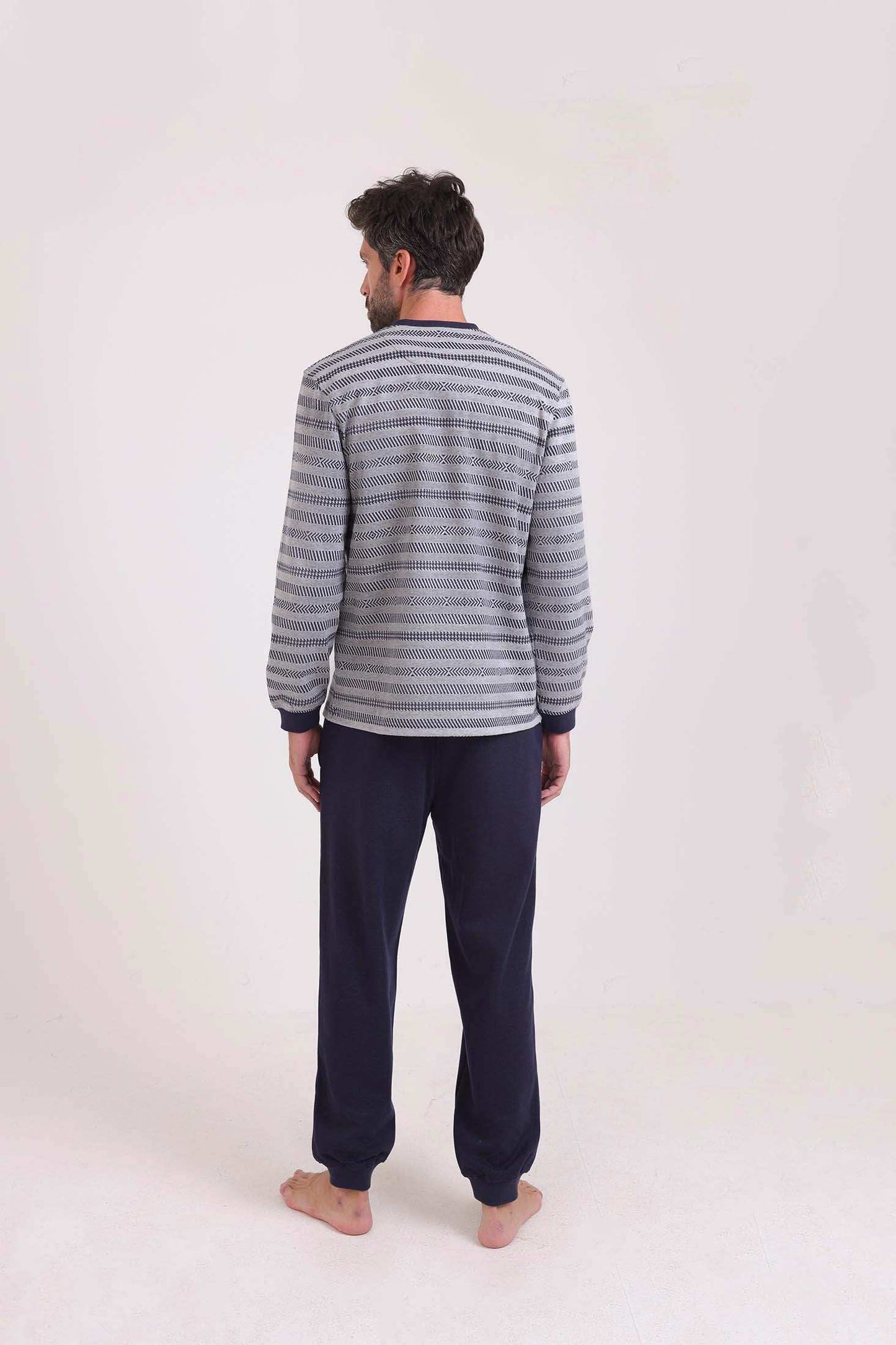 Striped Top & Solid Pants Winter Pajama Set