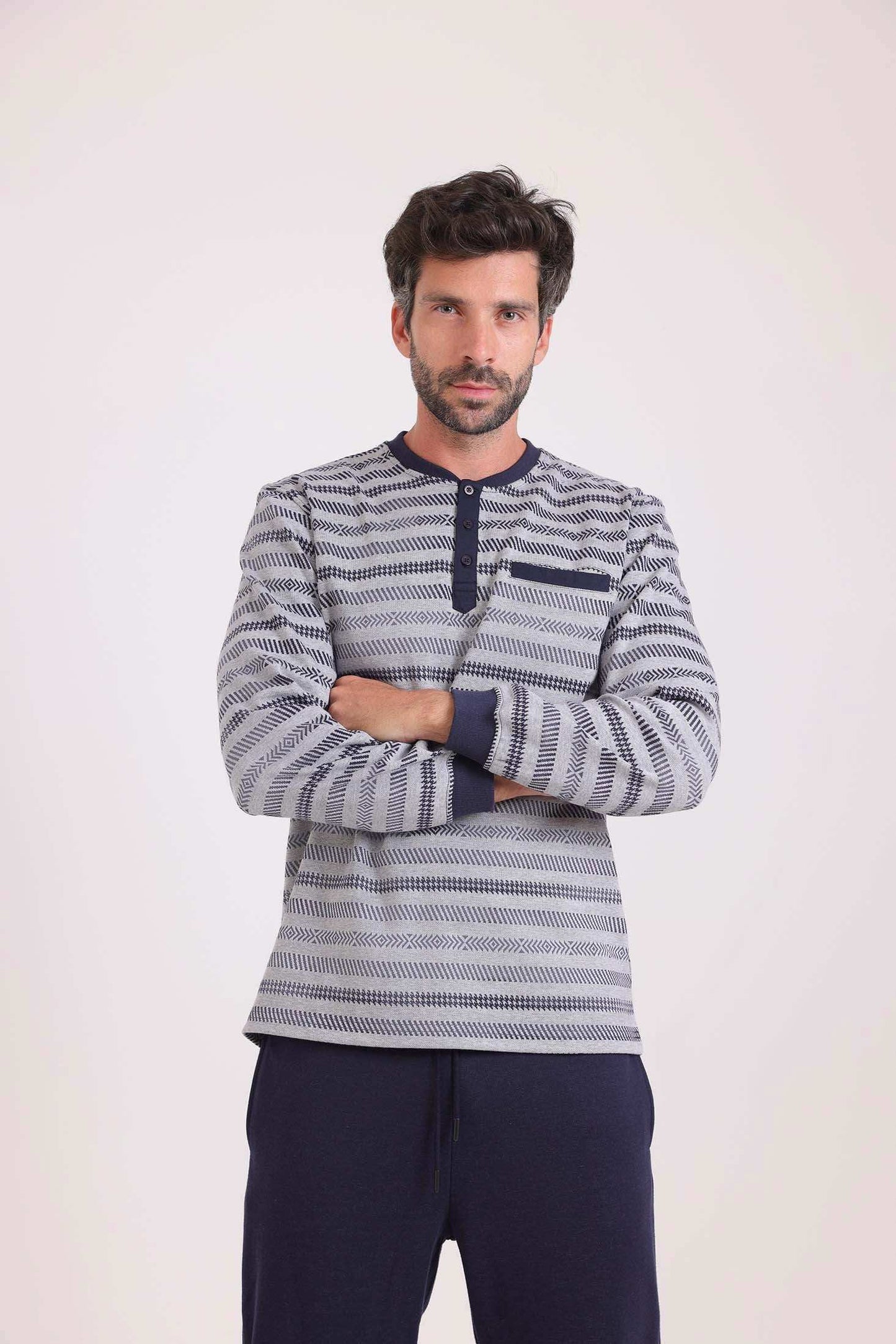 Striped Top & Solid Pants Winter Pajama Set