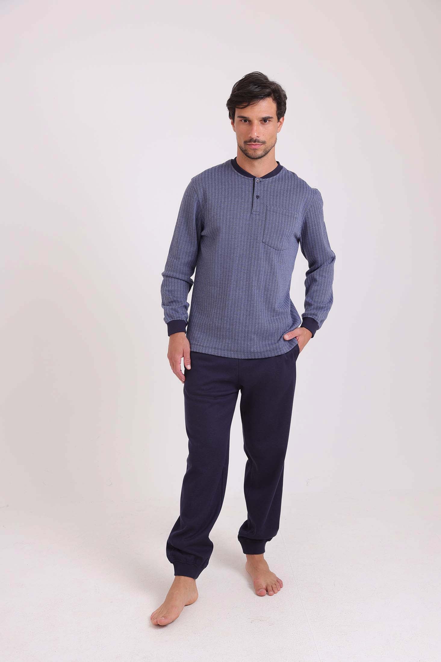 Chevron Buttoned Top & Solid Pants Pajama Set