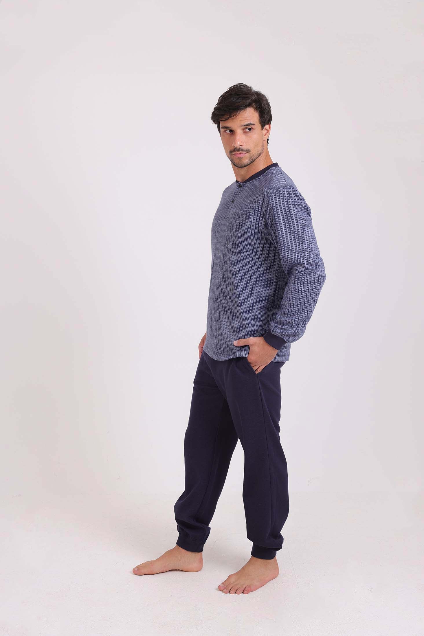 Chevron Buttoned Top & Solid Pants Pajama Set